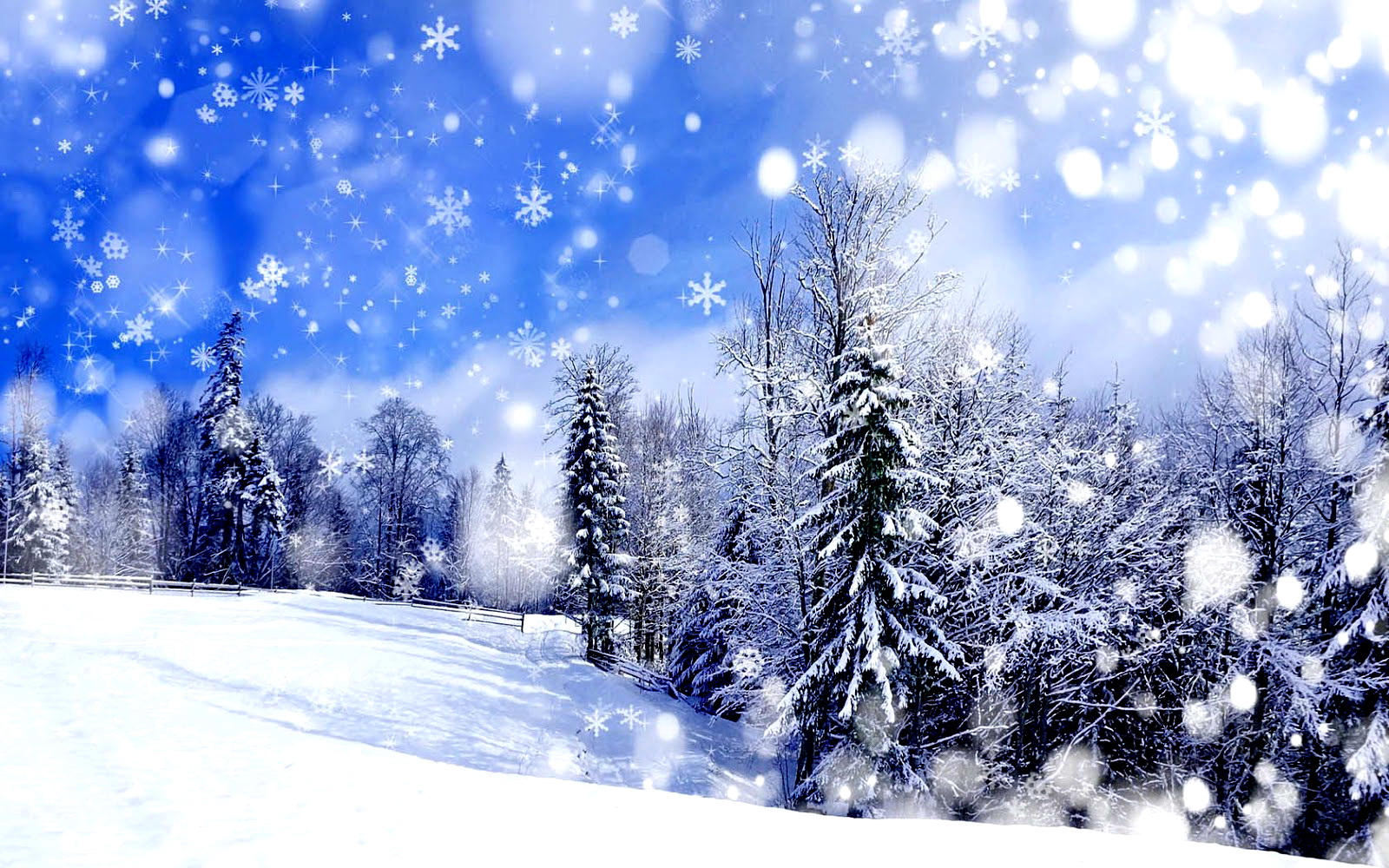Скачать обои бесплатно Зима, Снег, Снежинки, Дерево, Снегопад, Художественные картинка на рабочий стол ПК