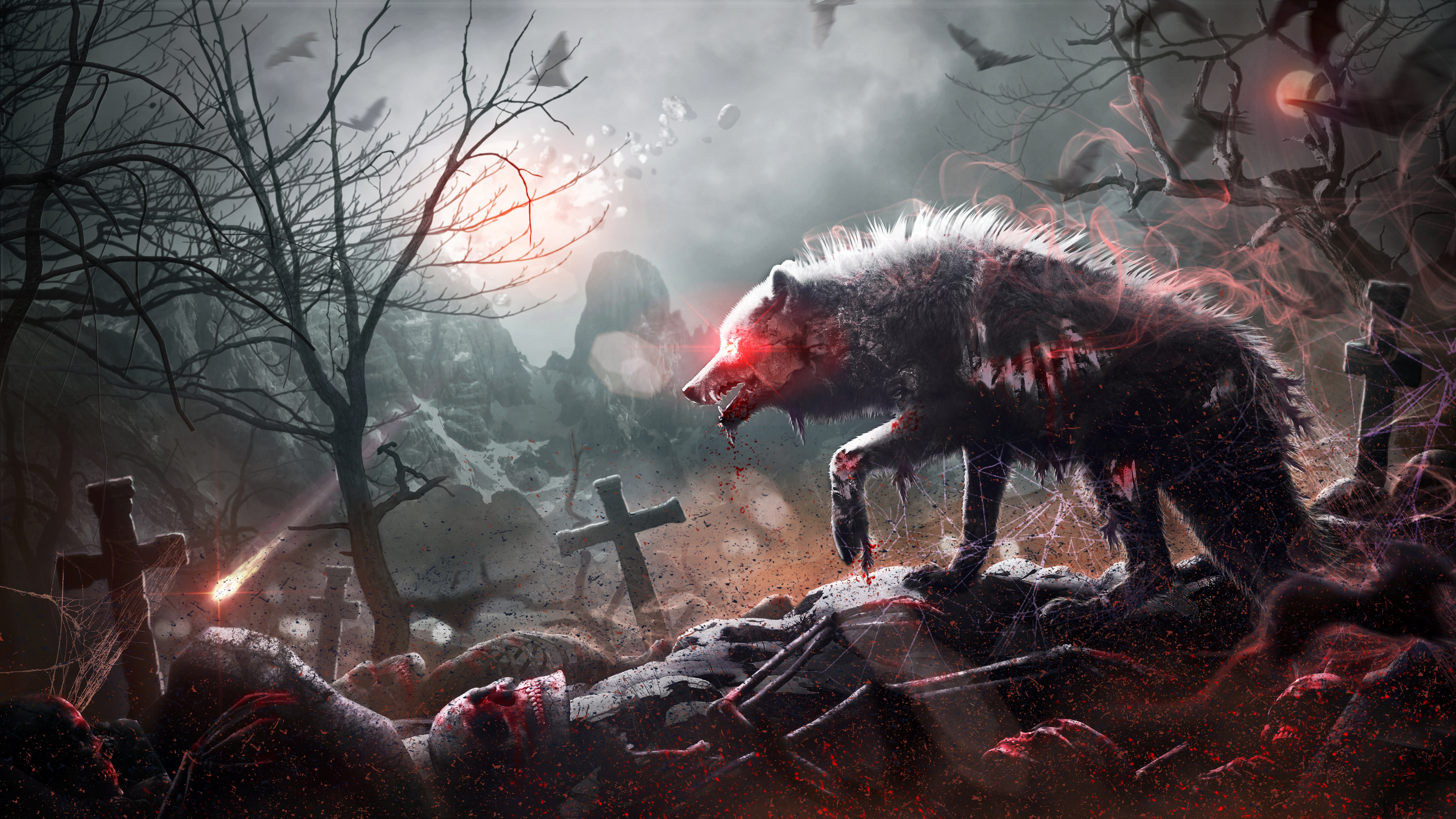 Laden Sie das Blut, Wolf, Düster, Skelett, Kreuz, Zombie-Bild kostenlos auf Ihren PC-Desktop herunter
