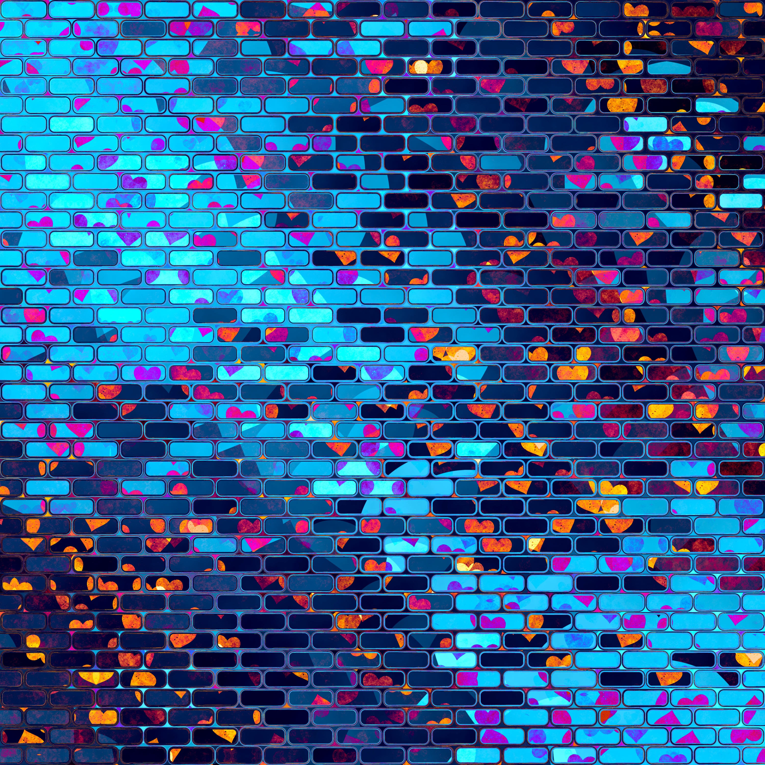 wall, brick, hearts, love, multicolored, heart, motley