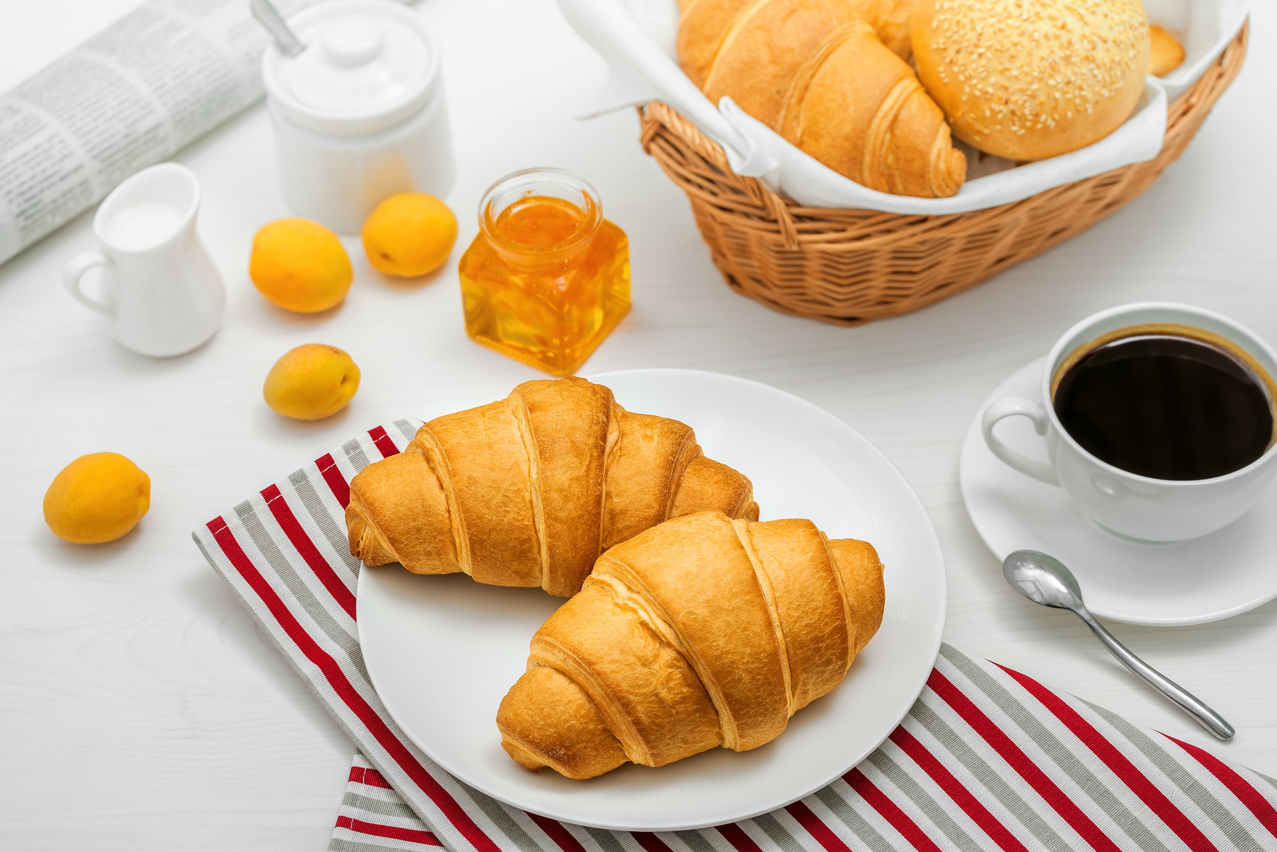 Download mobile wallpaper Food, Coffee, Cup, Lemon, Honey, Breakfast, Milk, Croissant, Viennoiserie for free.
