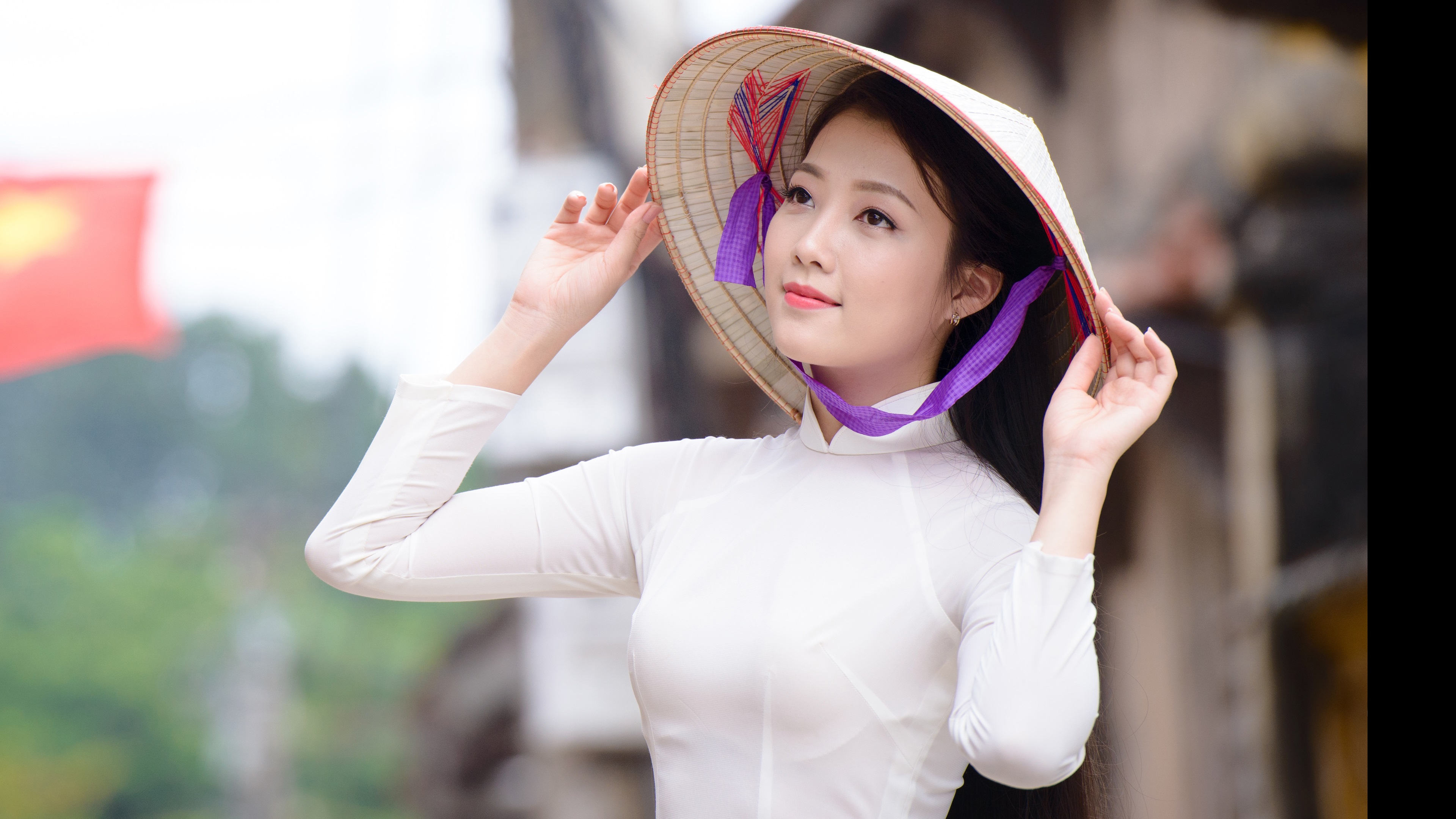 Handy-Wallpaper Modell, Frauen, Asiatinnen, Tiefenschärfe, Asiatischer Konischer Hut kostenlos herunterladen.