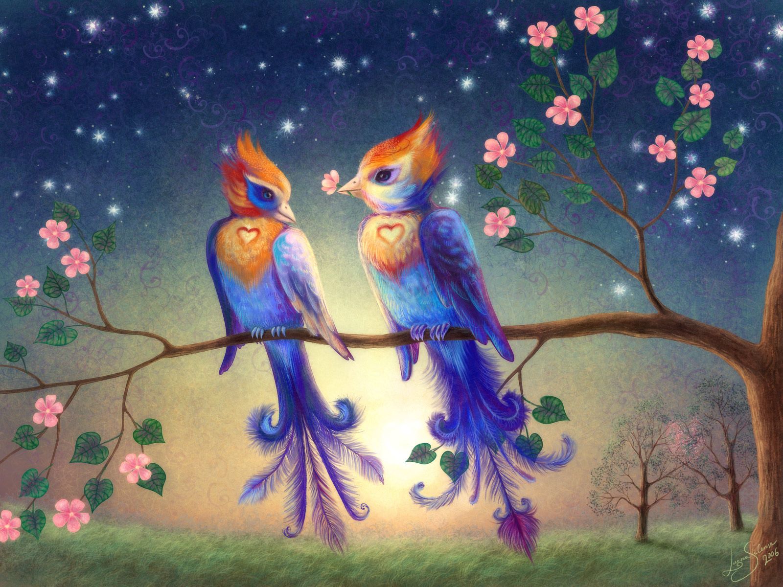 Download mobile wallpaper Drawing, Branch, Couple, Pair, Picture, Birds, Love for free.
