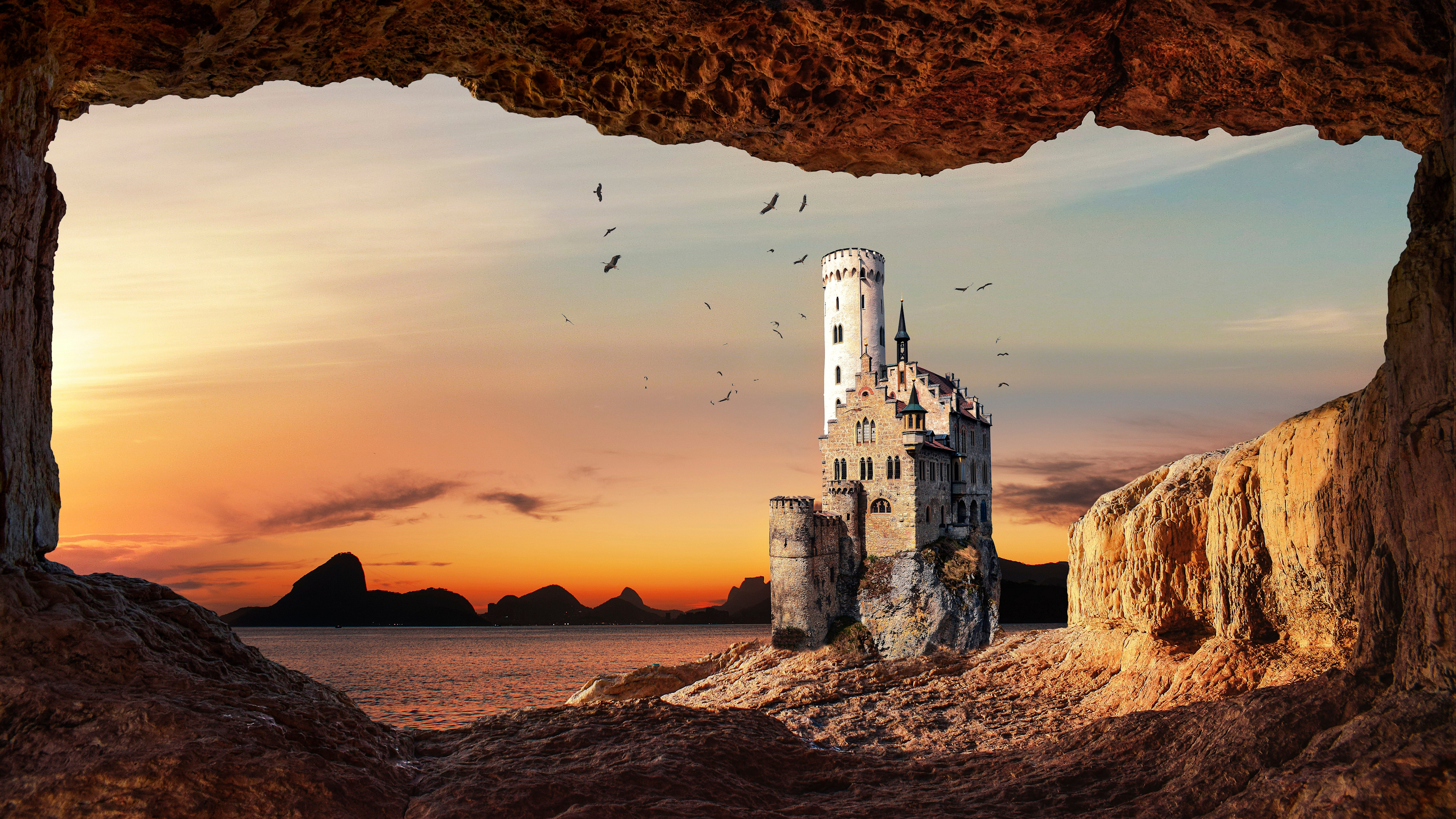 Free download wallpaper Castles, Lake, Cave, Man Made, Castle on your PC desktop