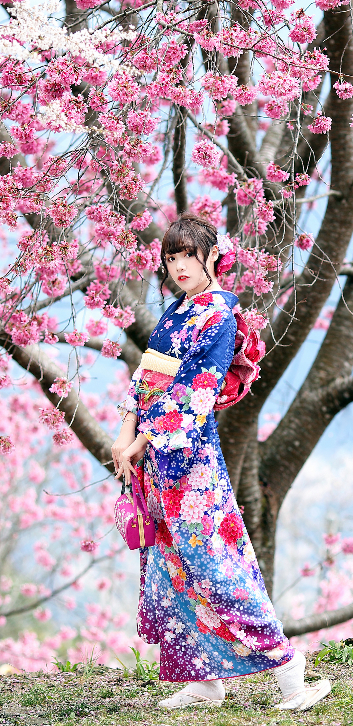 Download mobile wallpaper Kimono, Brunette, Model, Women, Blossom, Asian for free.