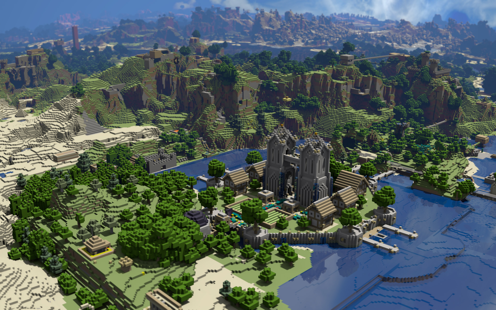 minecraft, mojang, video game, castle, mountain 1080p