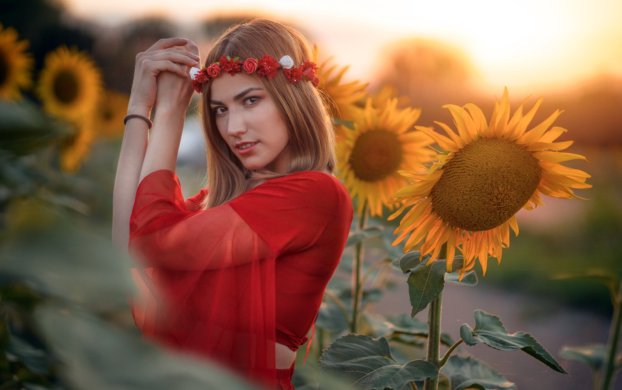 Free download wallpaper Sunflower, Brunette, Model, Women, Depth Of Field on your PC desktop