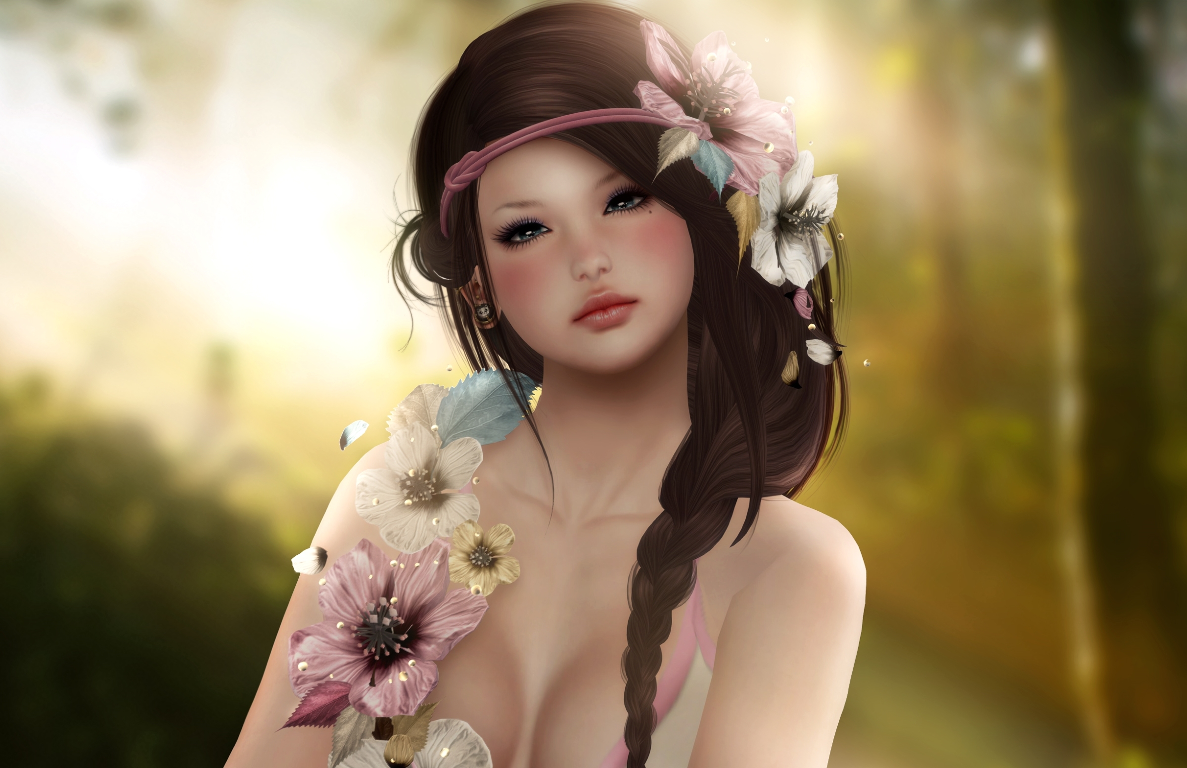 Free download wallpaper Fantasy, Flower, Brunette, Women, Headband, Braid on your PC desktop