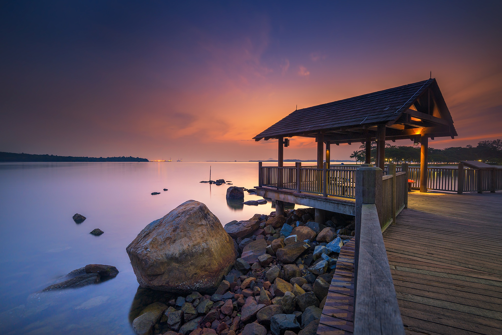 Laden Sie das Bucht, Pavillon, Sonnenuntergang, Menschengemacht-Bild kostenlos auf Ihren PC-Desktop herunter
