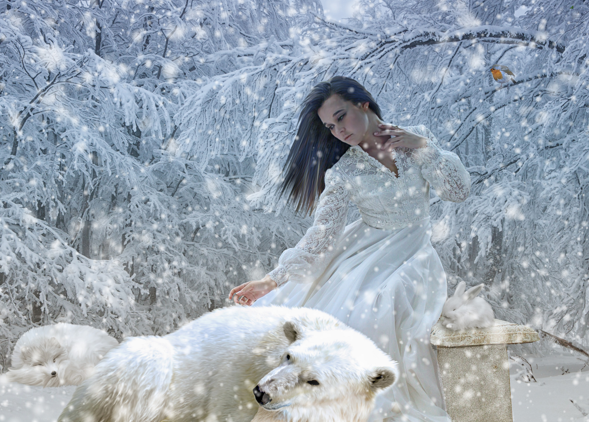 963496 скачать картинку фэнтези, женщины, белый медведь, снегопад, зима - обои и заставки бесплатно