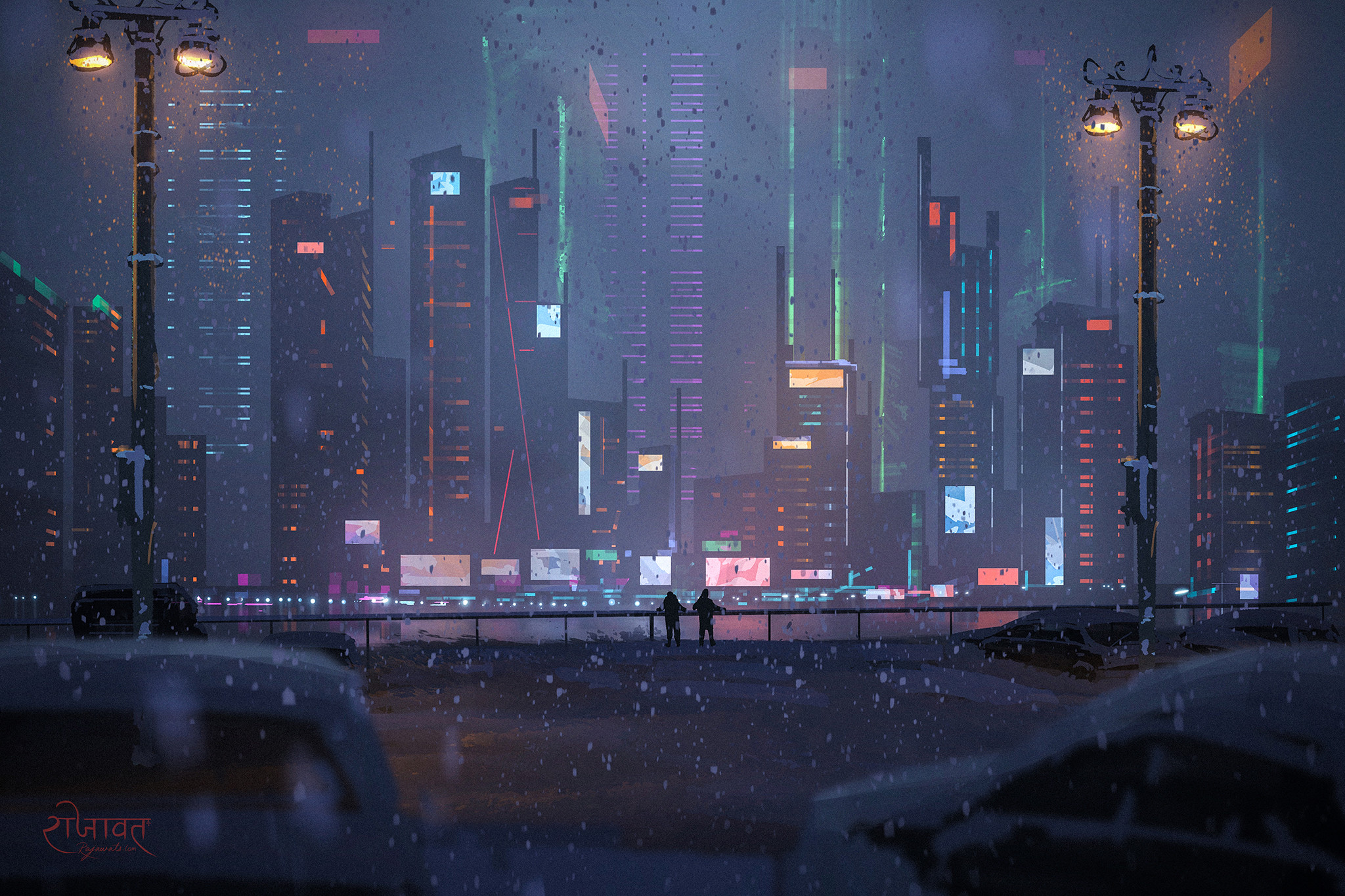 cyberpunk, winter, night, cityscape, sci fi