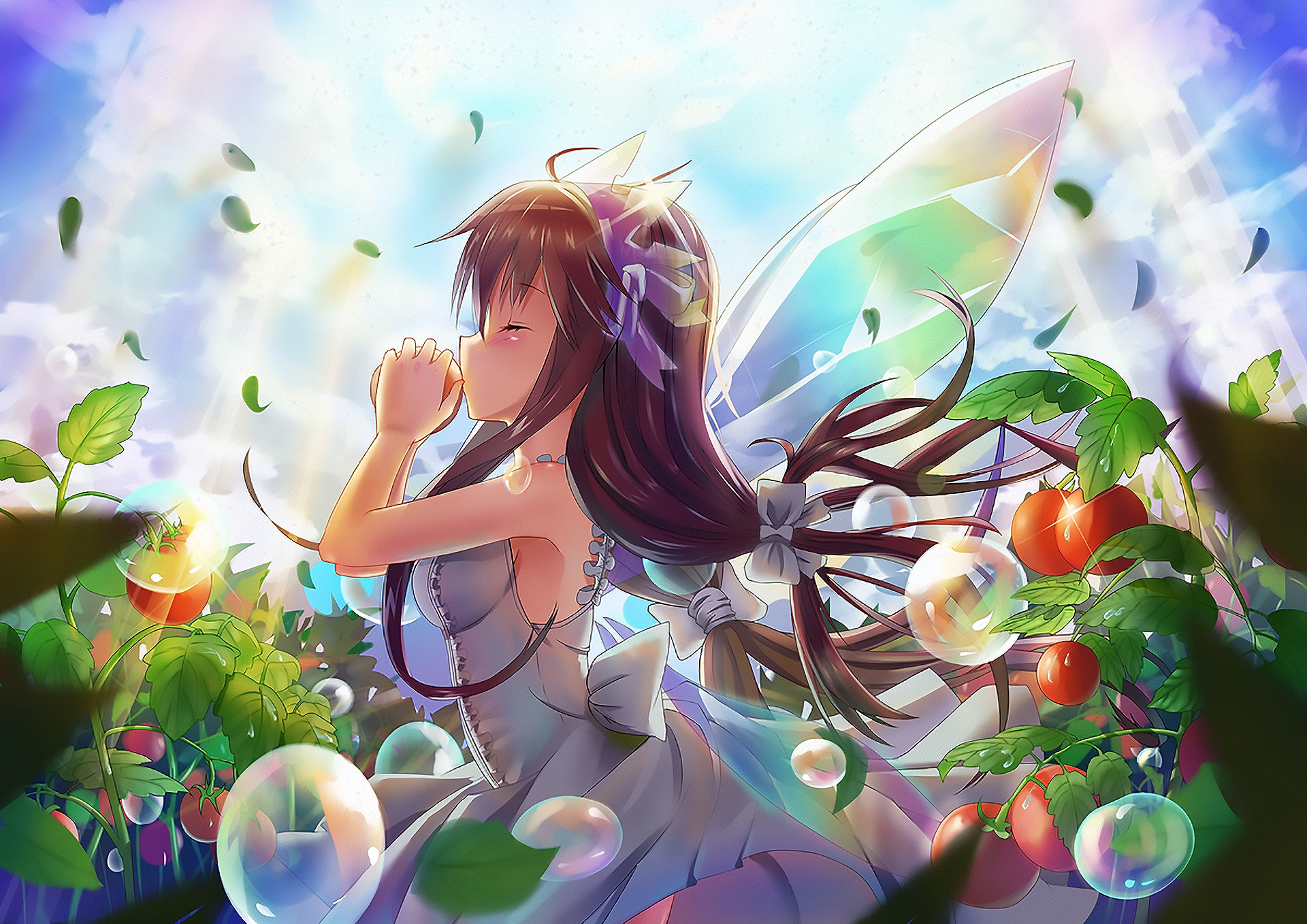 Free download wallpaper Anime, Rainbow, Girl, Wings, Sunlight, Dress, Bubble, Fairy, Tomato on your PC desktop