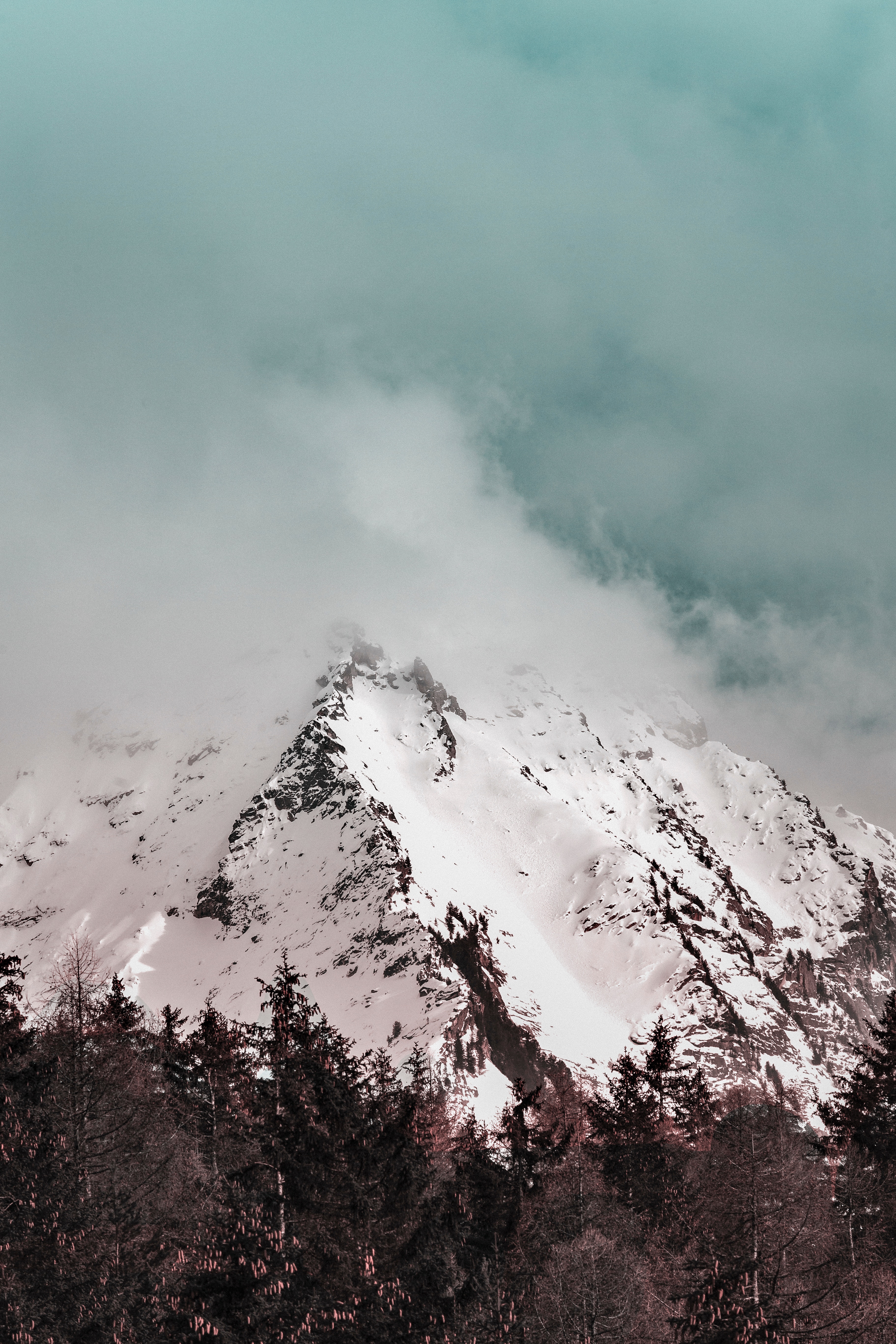 Скачать картинку Гора, Заснеженный, Вершина, Туман, Природа, Облака, Снег в телефон бесплатно.