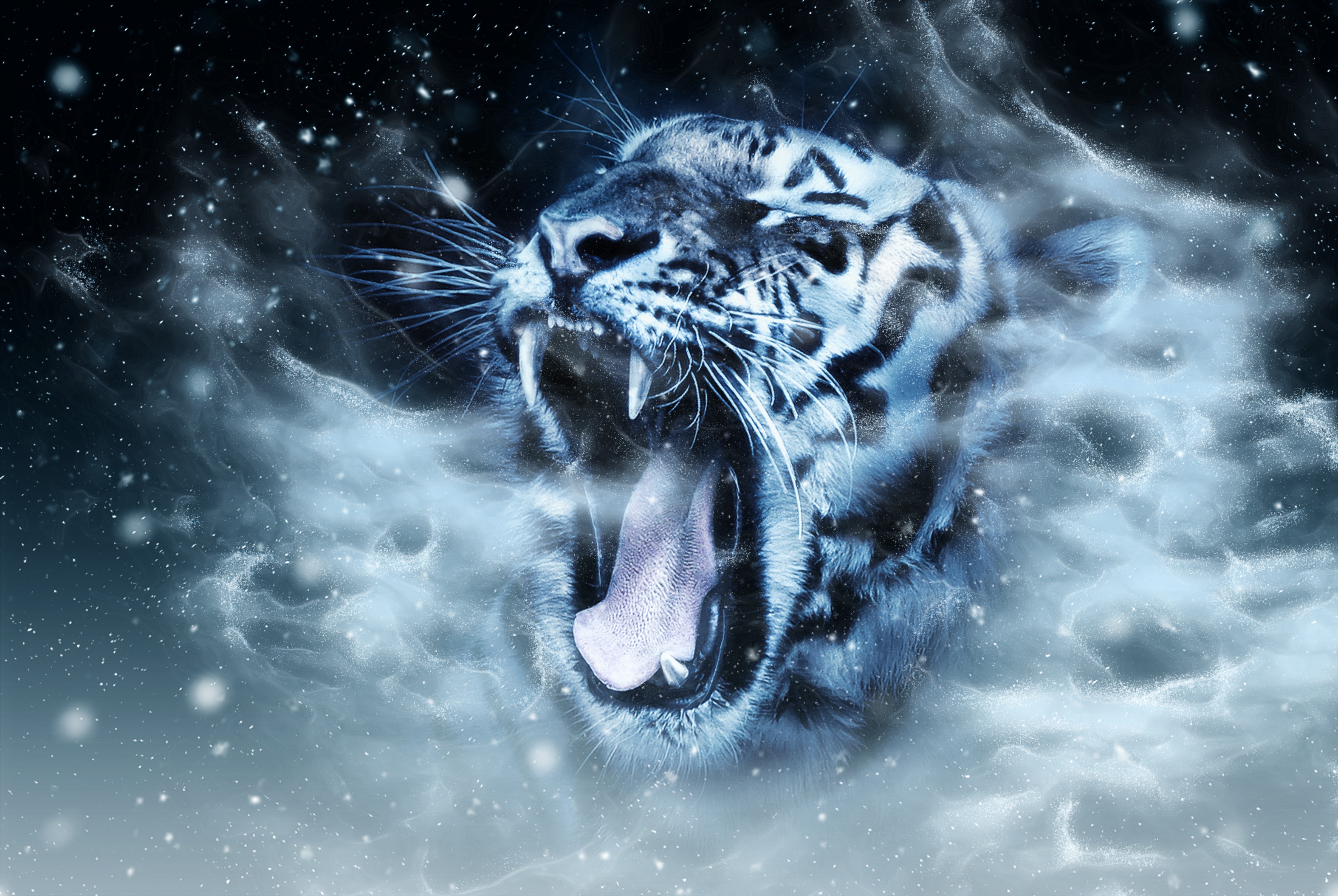 118323 скачать картинку тигр, хищник, оскал, морда, животные, фотошоп - обои и заставки бесплатно