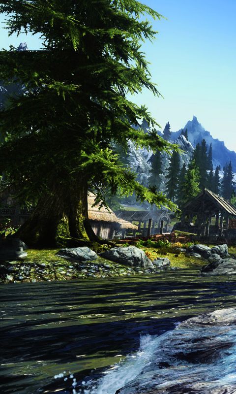Download mobile wallpaper Water, Mountain, Waterfall, River, Video Game, Skyrim, The Elder Scrolls V: Skyrim, The Elder Scrolls, Pine Tree for free.