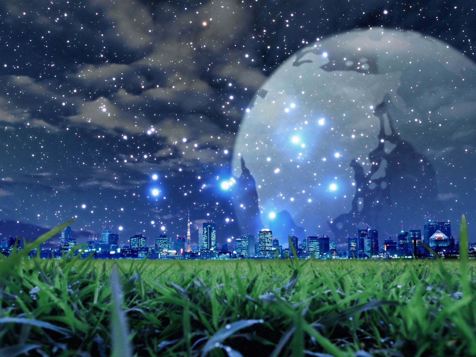 Free download wallpaper Grass, Snow, City, Night, Planet, Fantasy on your PC desktop
