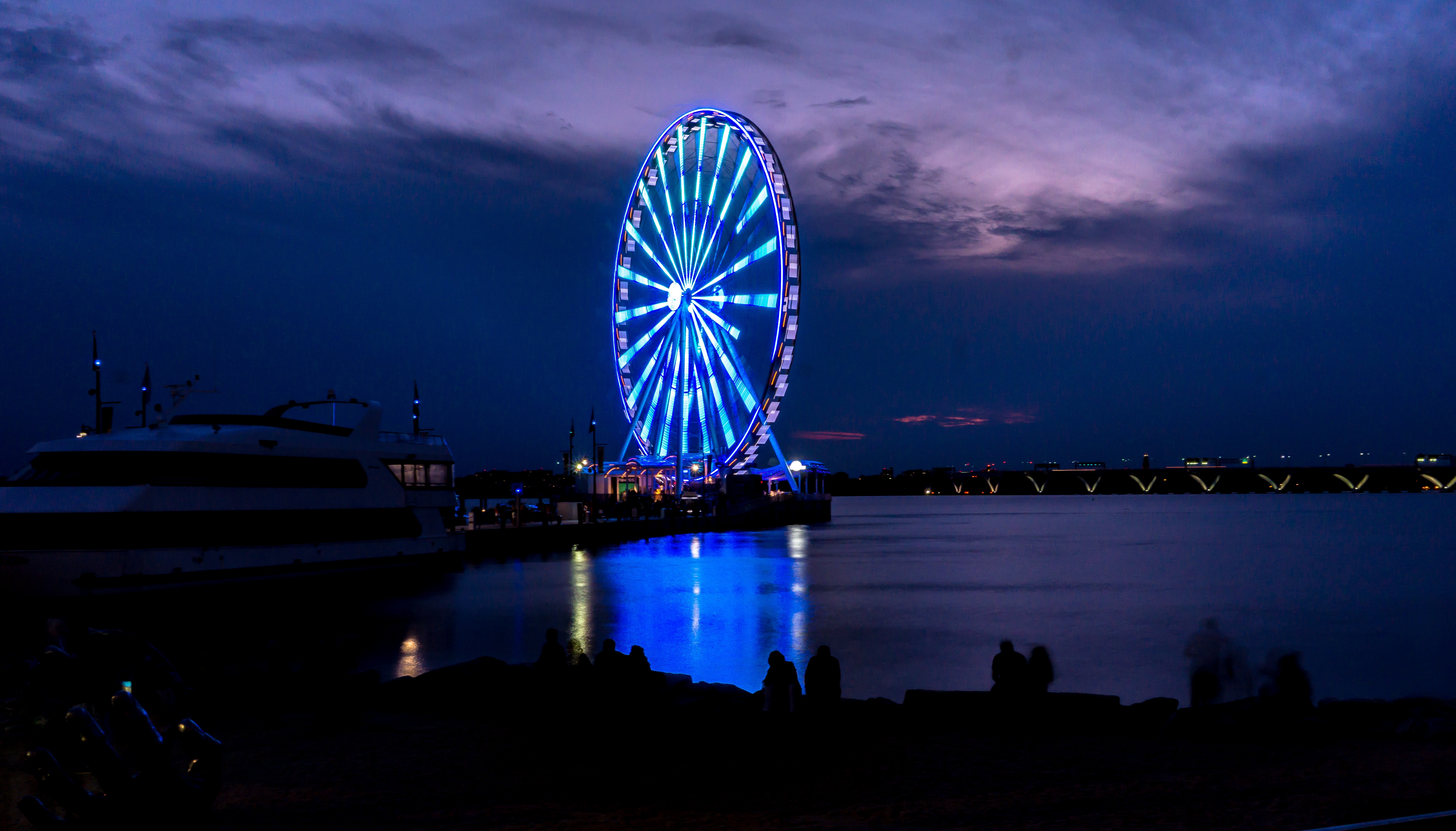 Download mobile wallpaper Bank, Shore, Cities, Ferris Wheel, Night for free.