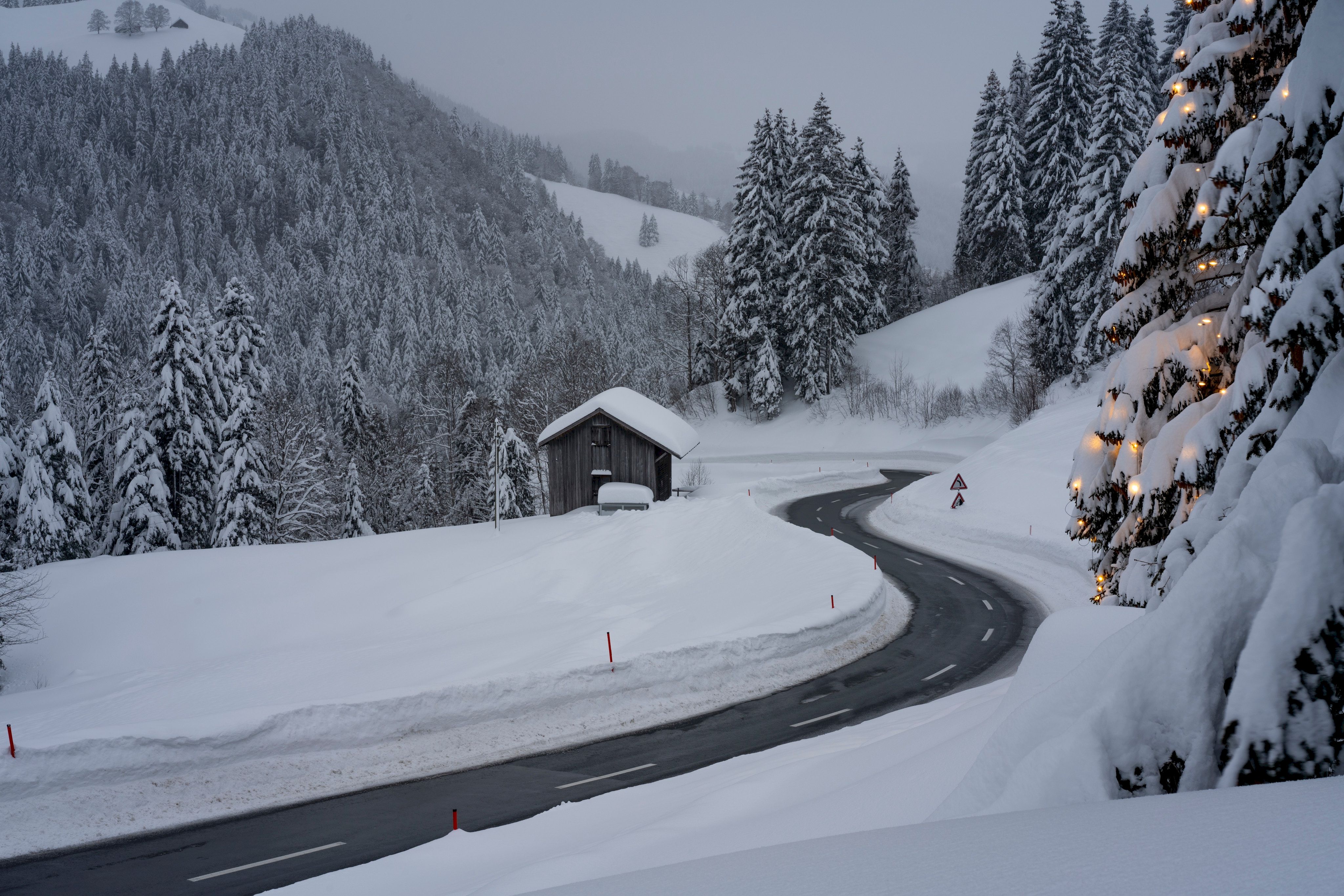 winter, snow, road, nature, turn Full HD