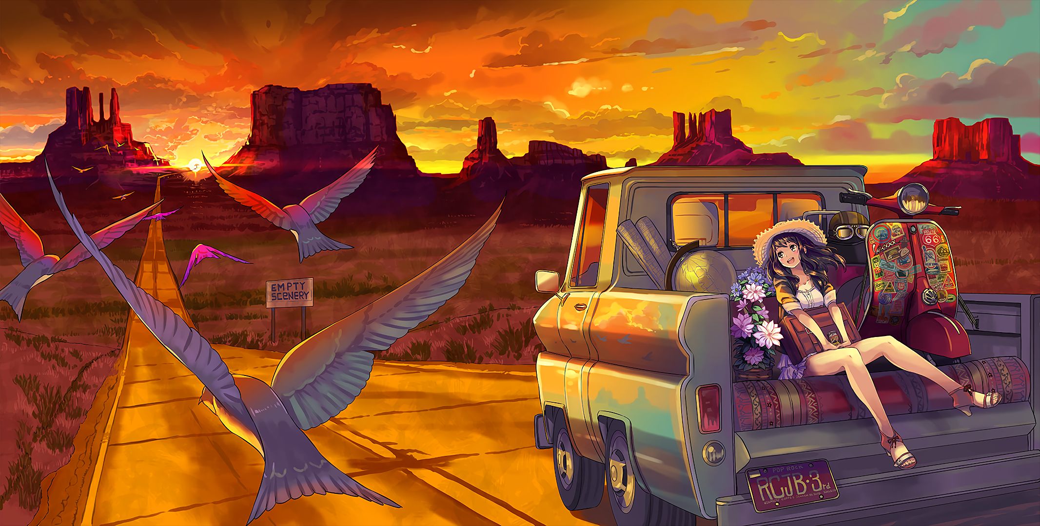 Free download wallpaper Anime, Sunset, Sky, Flower, Bird, Evening, Cloud, Original on your PC desktop