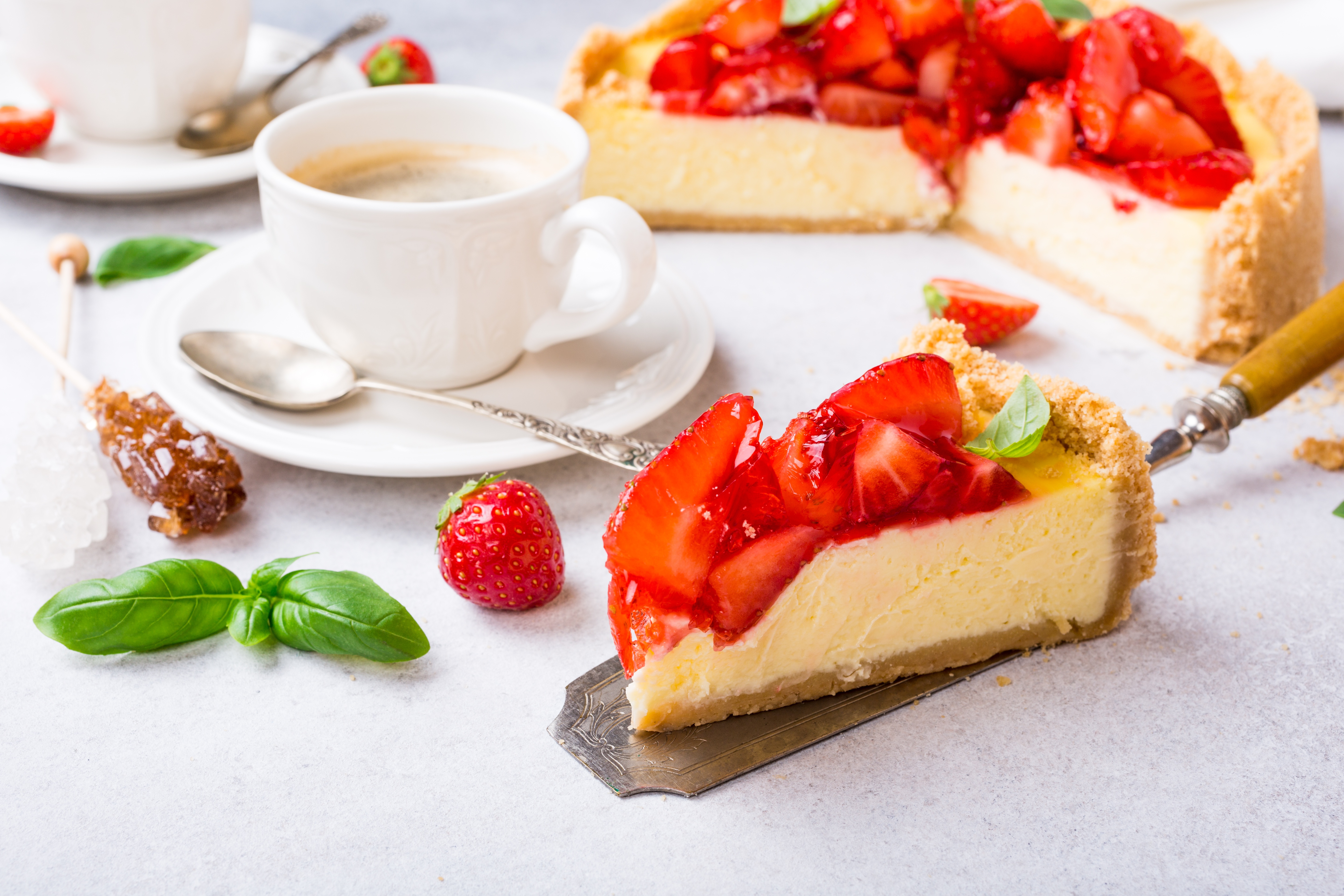 Download mobile wallpaper Food, Strawberry, Dessert, Coffee, Still Life, Cup, Berry, Fruit, Cheesecake, Pastry for free.
