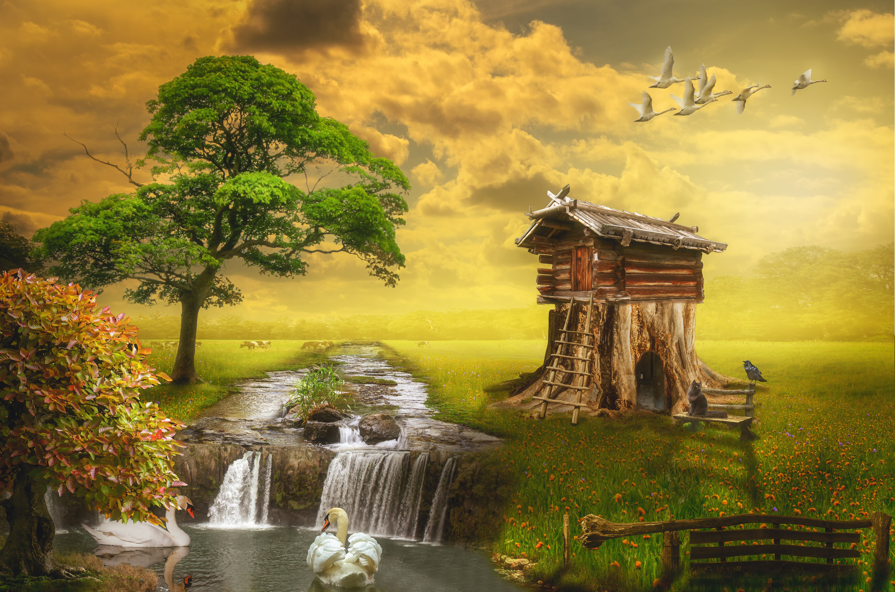 Laden Sie das Fantasie, Wasserfall, Baum, Wiese, Hütte, Künstlerisch, Höckerschwan-Bild kostenlos auf Ihren PC-Desktop herunter