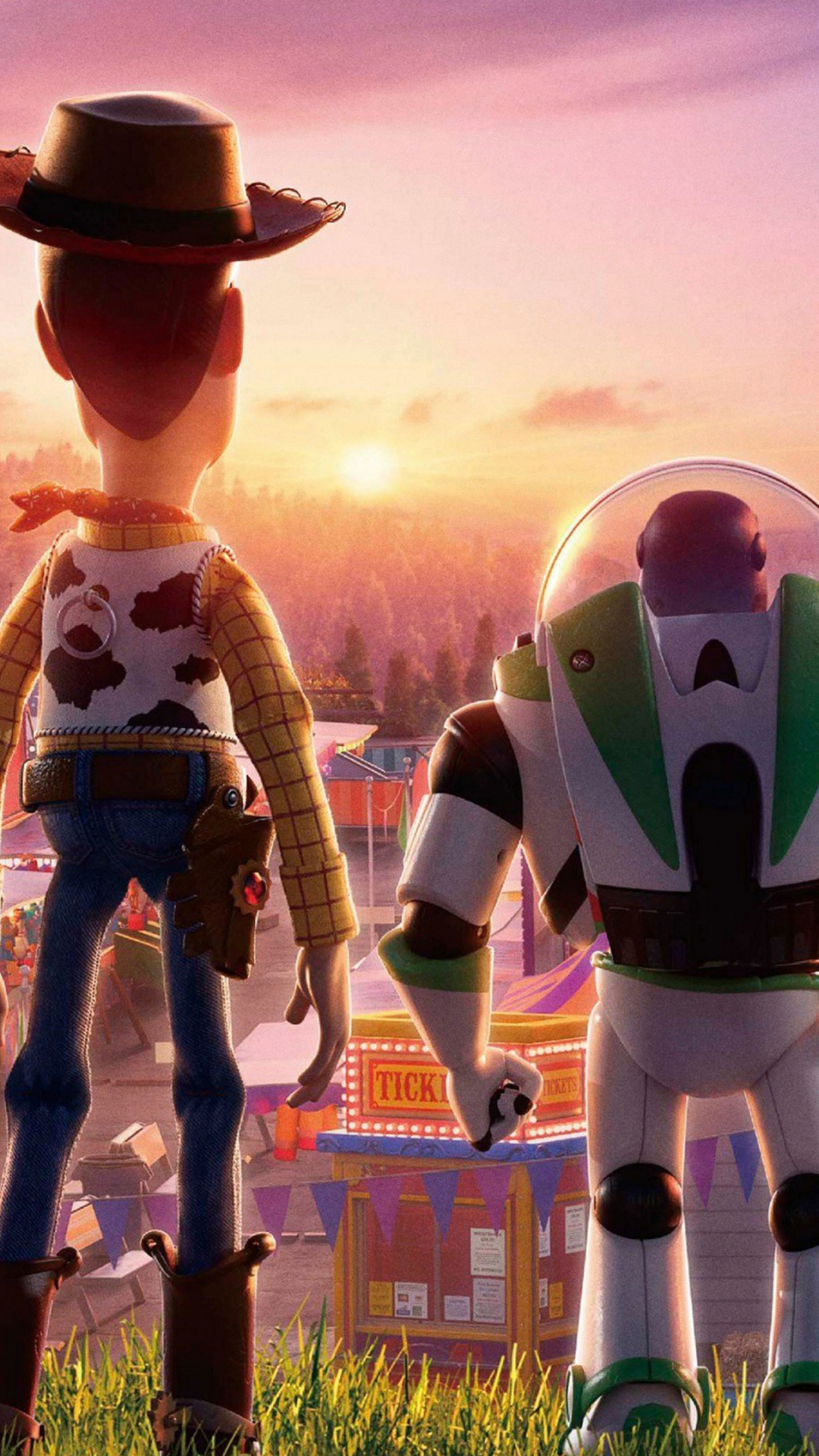 Download mobile wallpaper Sunset, Toy, Movie, Buzz Lightyear, Woody (Toy Story), Toy Story 4 for free.