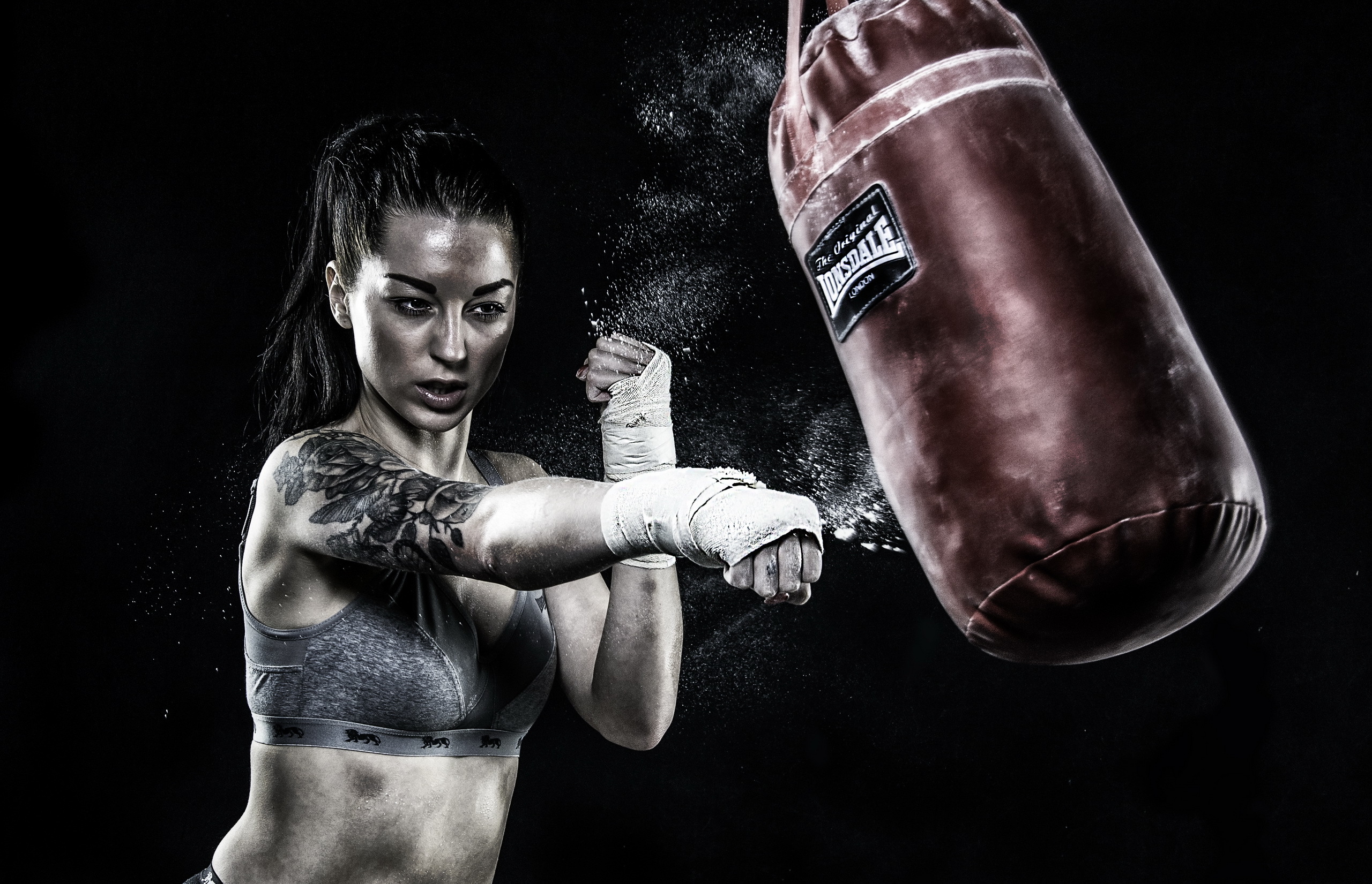 Download mobile wallpaper Sports, Boxing, Tattoo, Brunette, Ponytail for free.