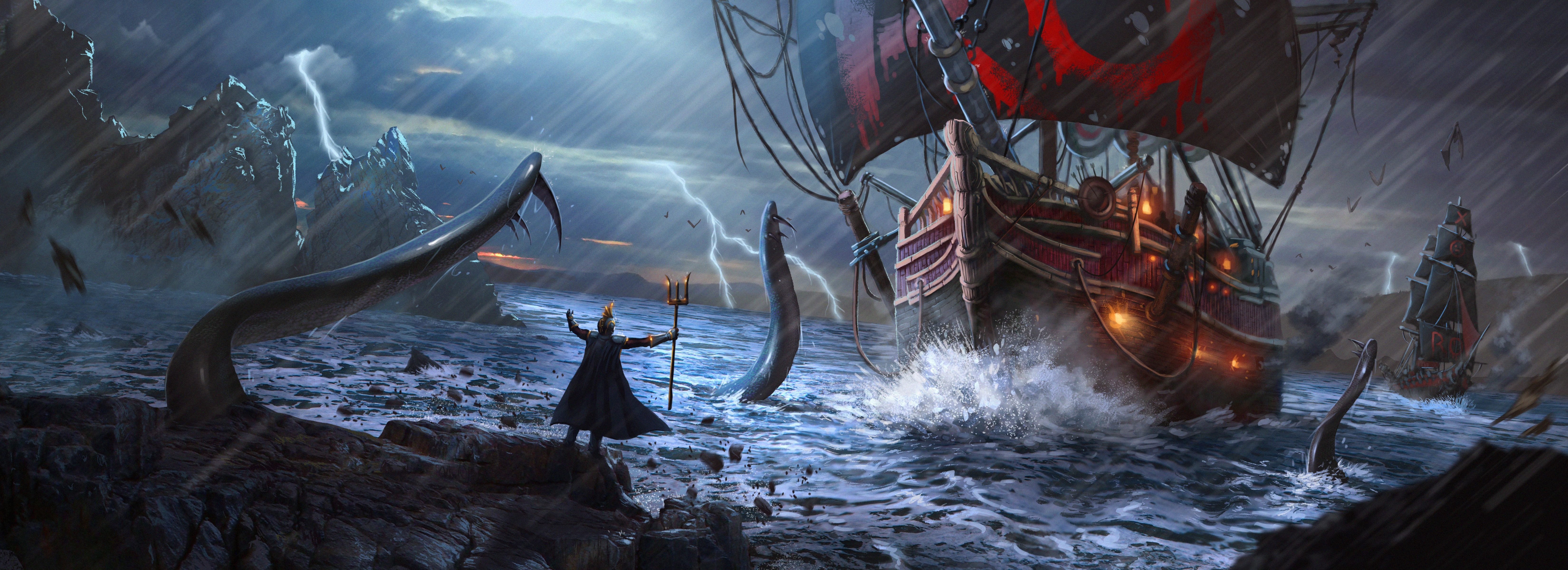 Download mobile wallpaper Fantasy, Rain, Lightning, Ship, Storm, Sea Monster for free.