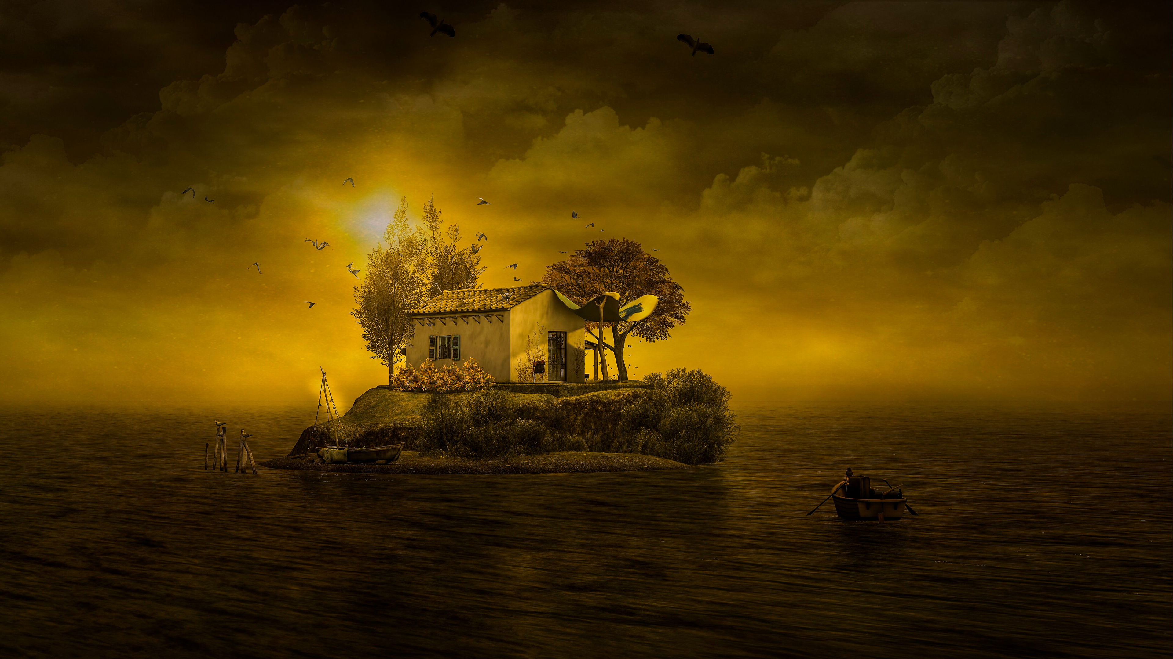 Download mobile wallpaper Fantasy, Sunset, Boat, Island for free.