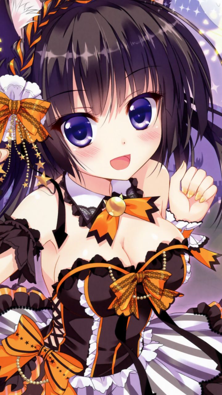 Download mobile wallpaper Anime, Smile, Blue Eyes, Original, Blush, Black Hair, Bow (Clothing) for free.