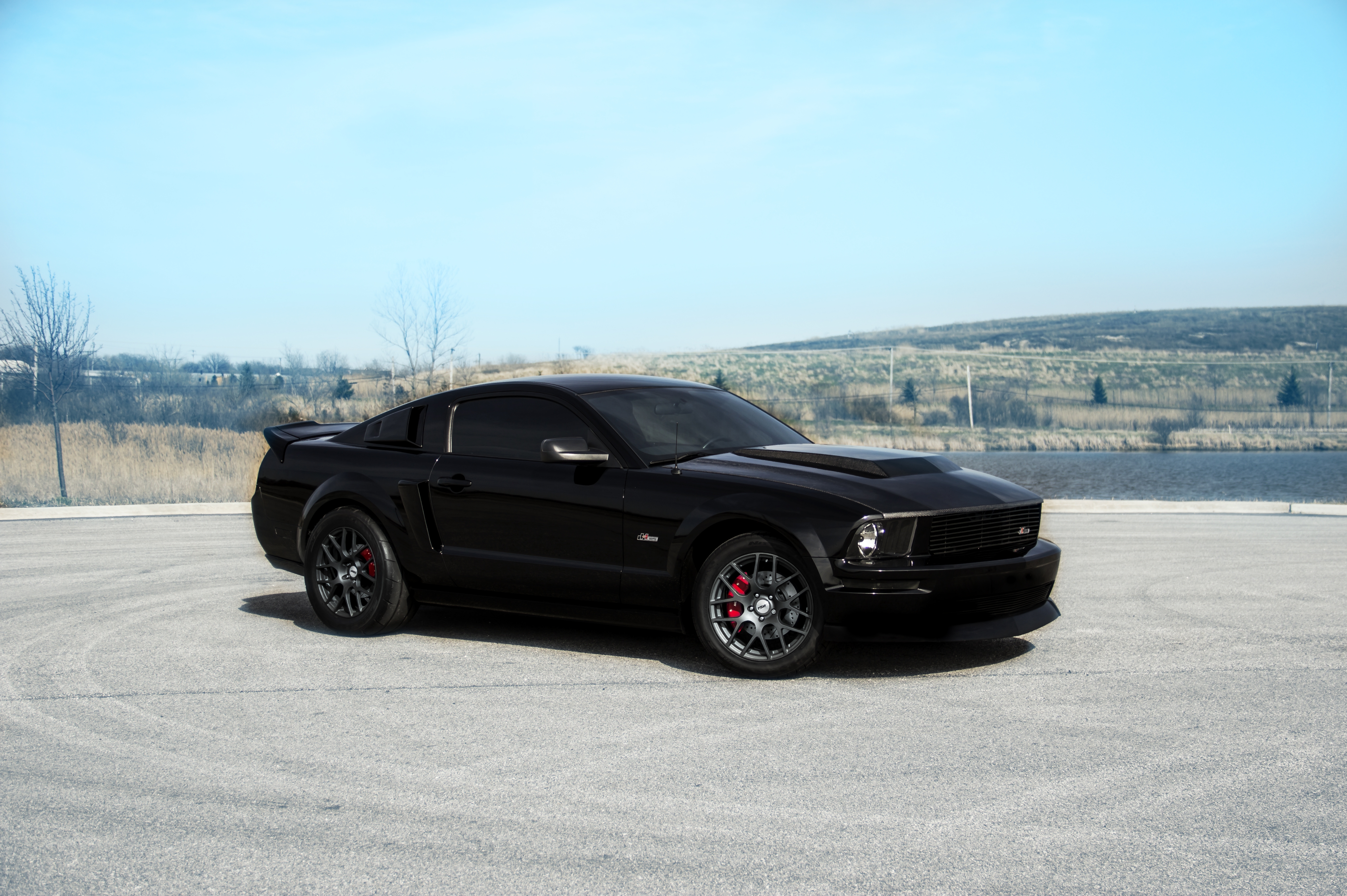 cars, landscape, ford, mustang, black, red, gt