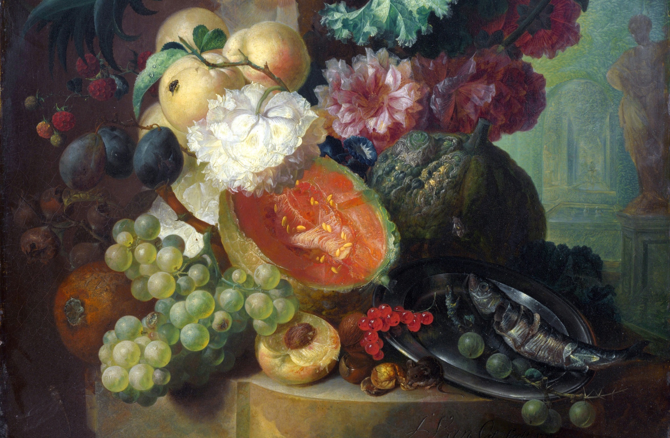 Download mobile wallpaper Grapes, Still Life, Fruit, Painting, Artistic, Fish, Melon for free.