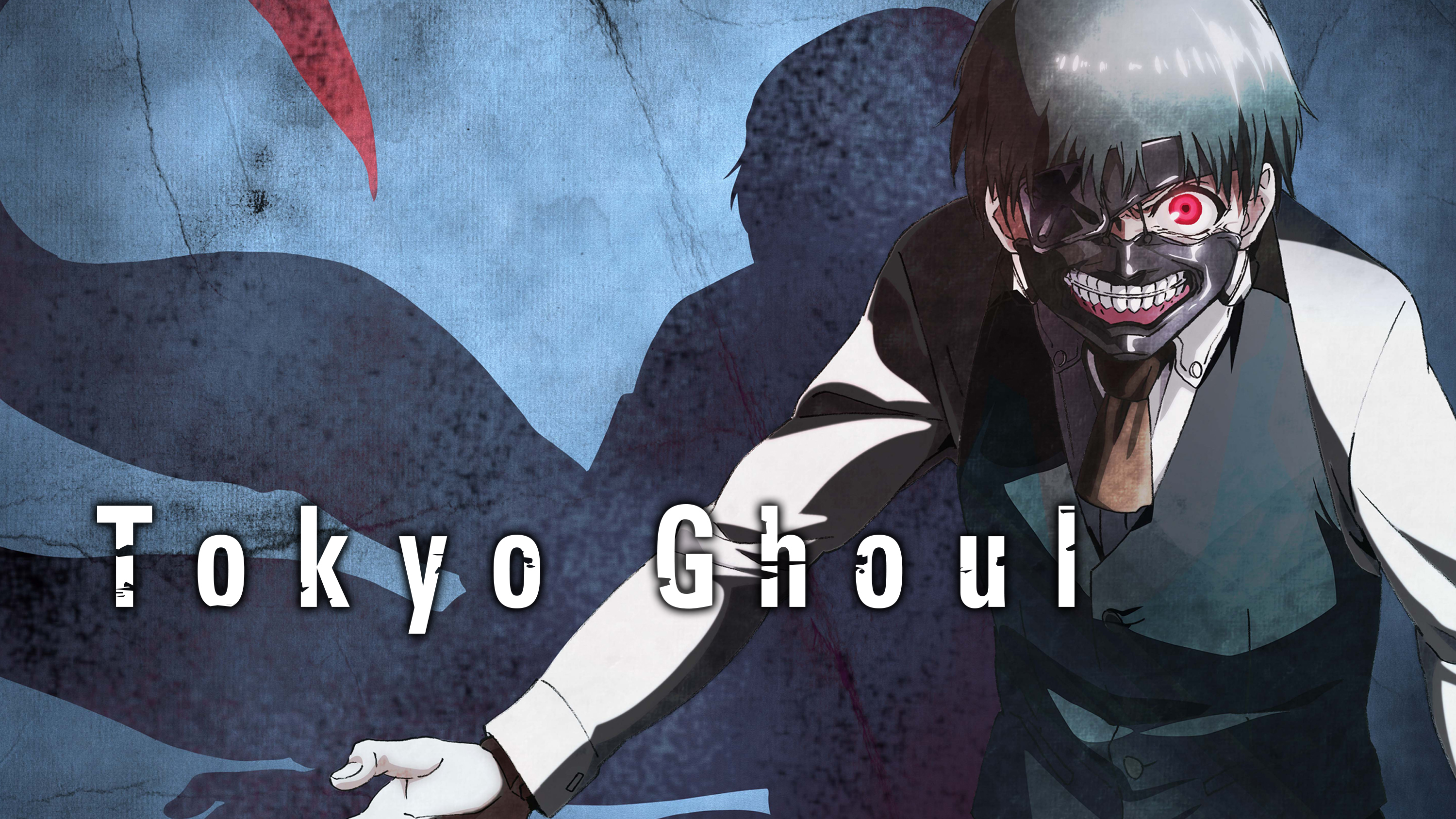 anime, tokyo ghoul, eye patch, kagune (tokyo ghoul), ken kaneki, mask, red eyes, shadow, teeth, tie