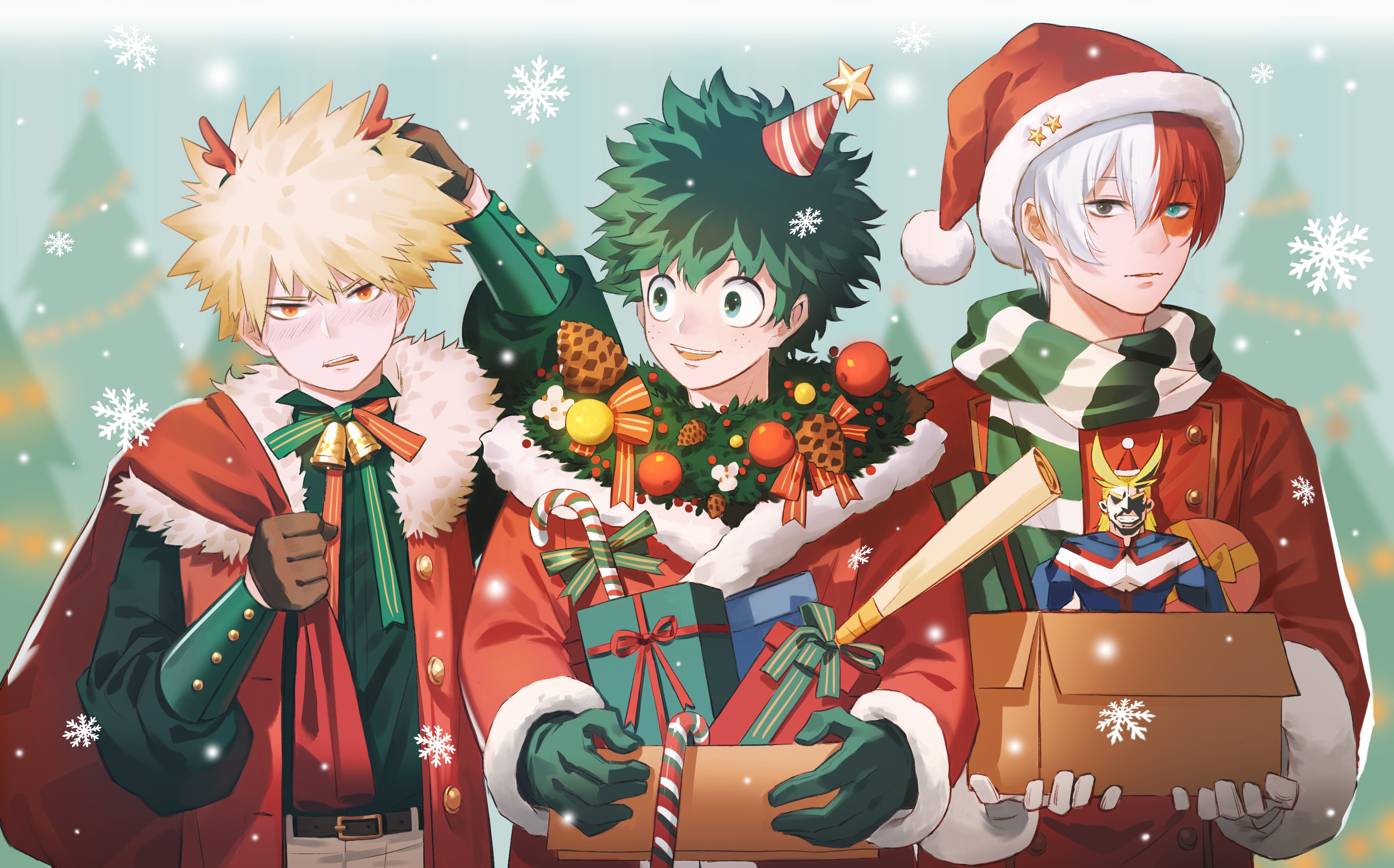 Laden Sie das Schnee, Weihnachten, Geschenk, Animes, Izuku Midoriya, Shoto Todoroki, Katsuki Bakugou, Boku No Hero Academia-Bild kostenlos auf Ihren PC-Desktop herunter