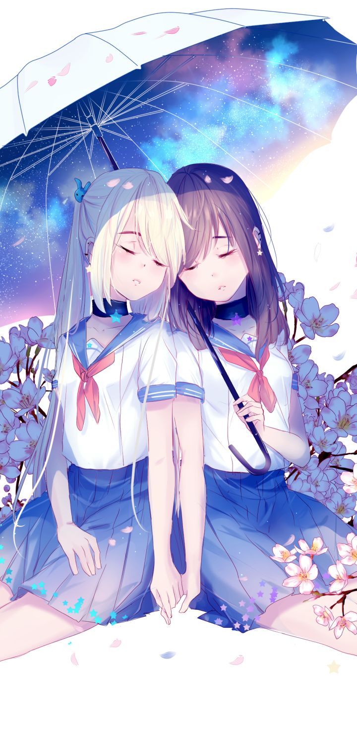 Download mobile wallpaper Anime, Flower, Umbrella, Blonde, Schoolgirl, Cherry Blossom, Original, School Uniform, Long Hair for free.