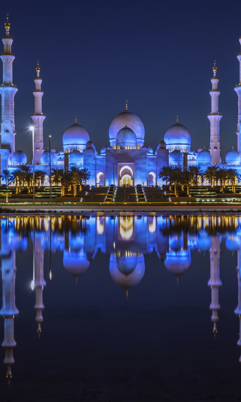 Handy-Wallpaper Gebäude, Vereinigte Arabische Emirate, Nacht, Moschee, Spiegelung, Religiös, Betrachtung, Moscheen kostenlos herunterladen.