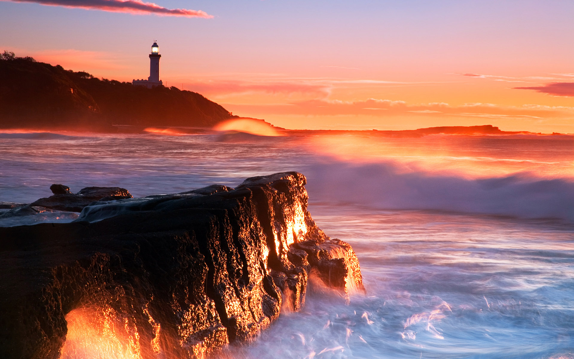man made, lighthouse, coastline, ocean, orange (color), sunset, wave