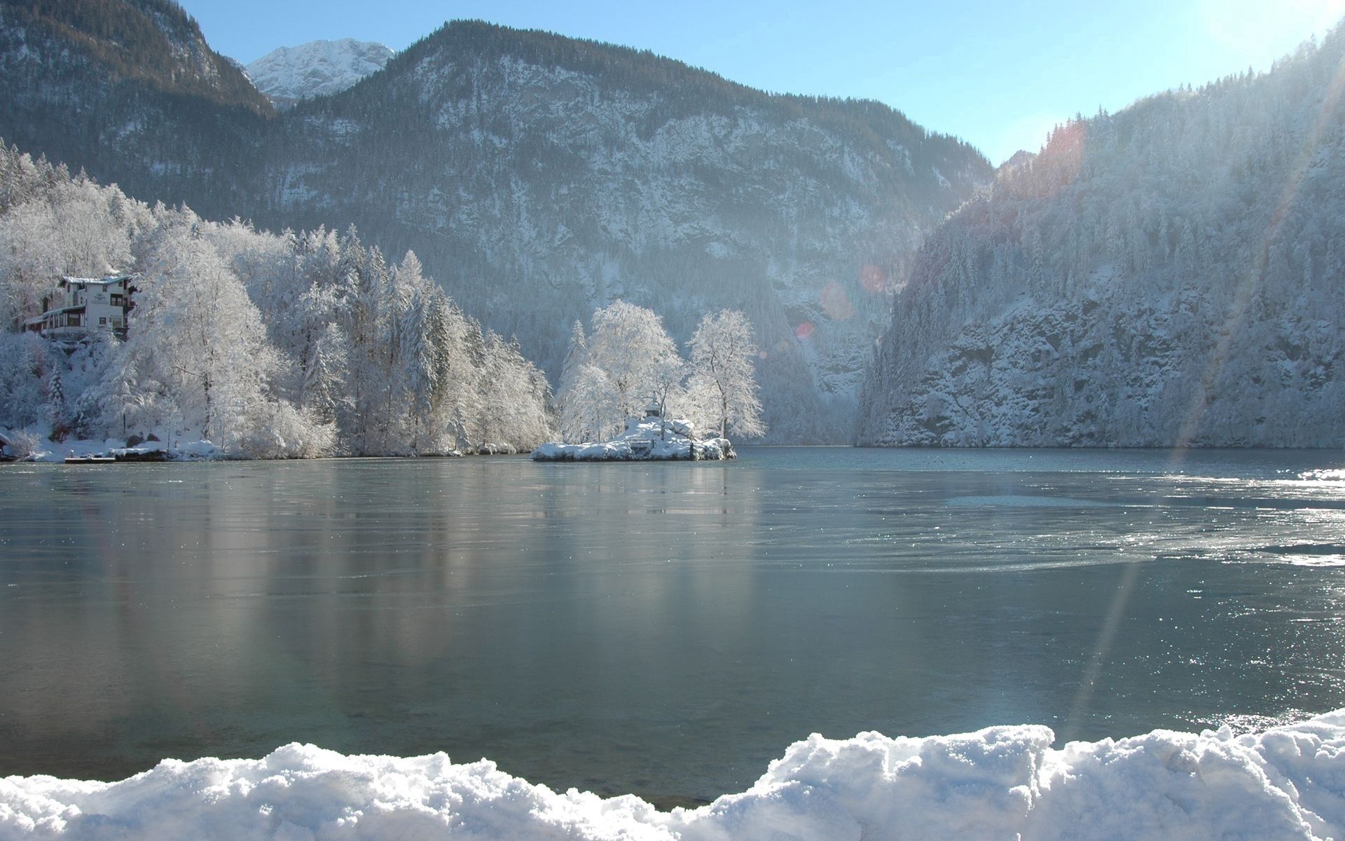 winter, nature, trees, mountains, lake, frost, hoarfrost, day