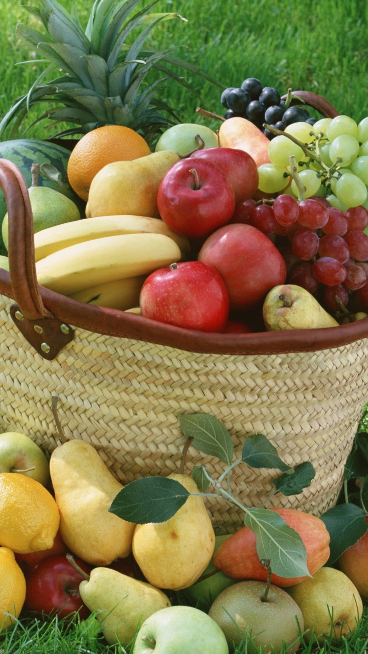 Download mobile wallpaper Fruits, Food, Apple, Grapes, Lemon, Fruit, Basket, Banana, Pineapple, Pear, Orange (Fruit) for free.