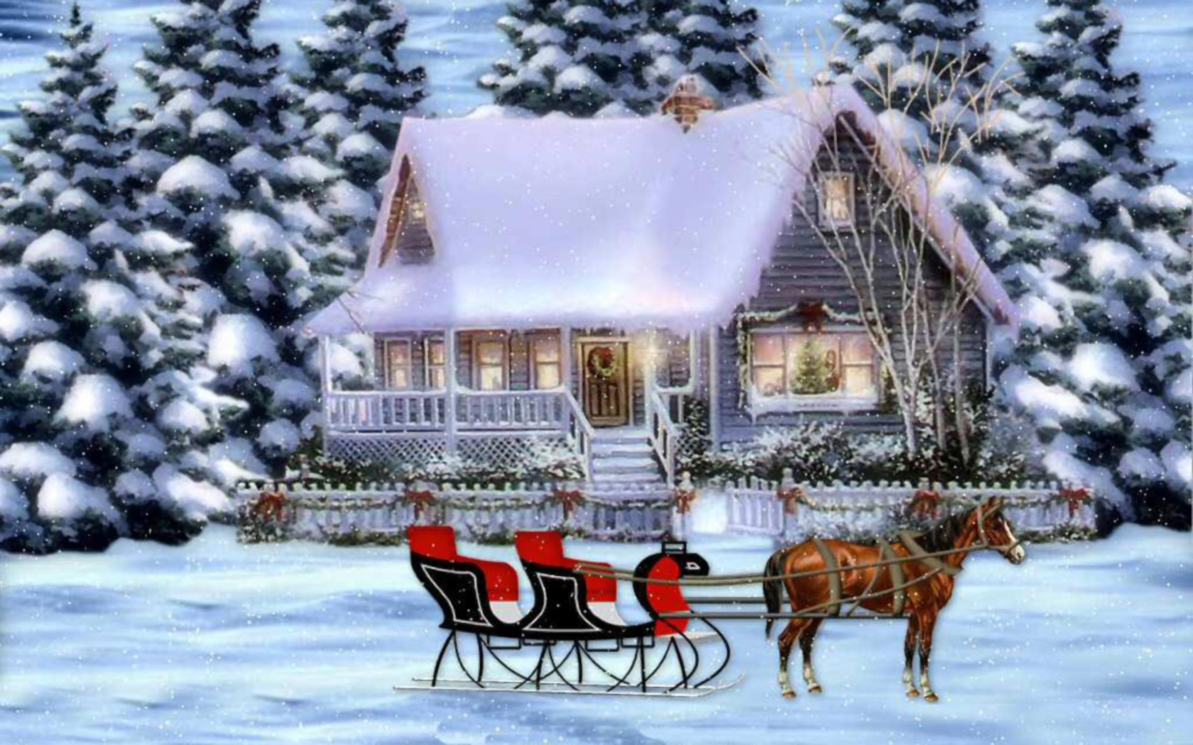 Download mobile wallpaper Winter, Snow, Tree, Christmas, Holiday, House, Sleigh, Reindeer for free.