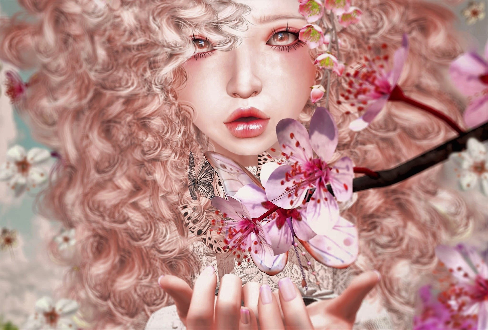 Download mobile wallpaper Fantasy, Sakura, Butterfly, Blonde, Women, Curl for free.