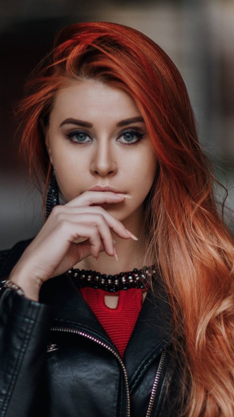 Download mobile wallpaper Redhead, Model, Women, Blue Eyes, Leather Jacket for free.