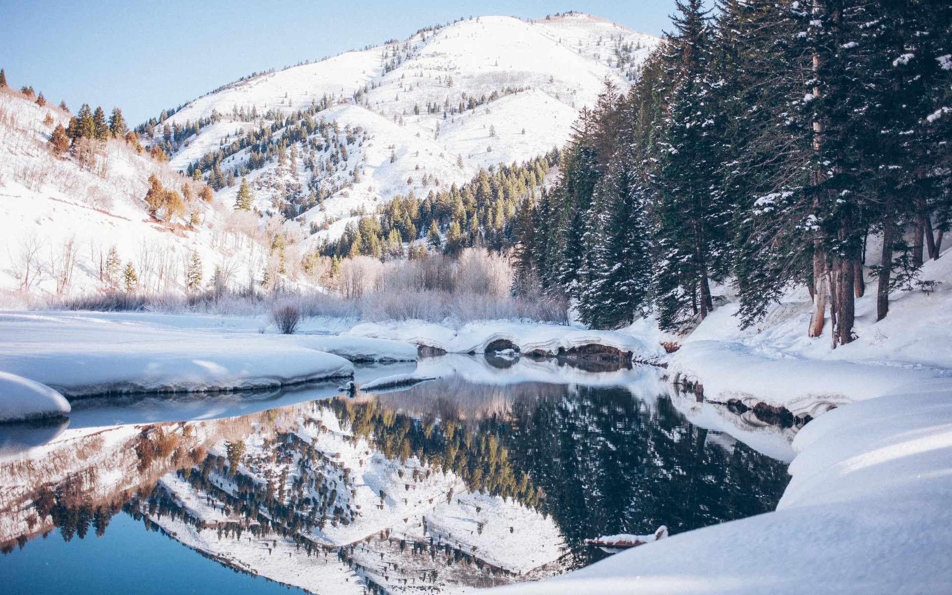 Handy-Wallpaper Landschaft, Winter, Natur, Wasser, Schnee, Erde/natur, Spiegelung kostenlos herunterladen.