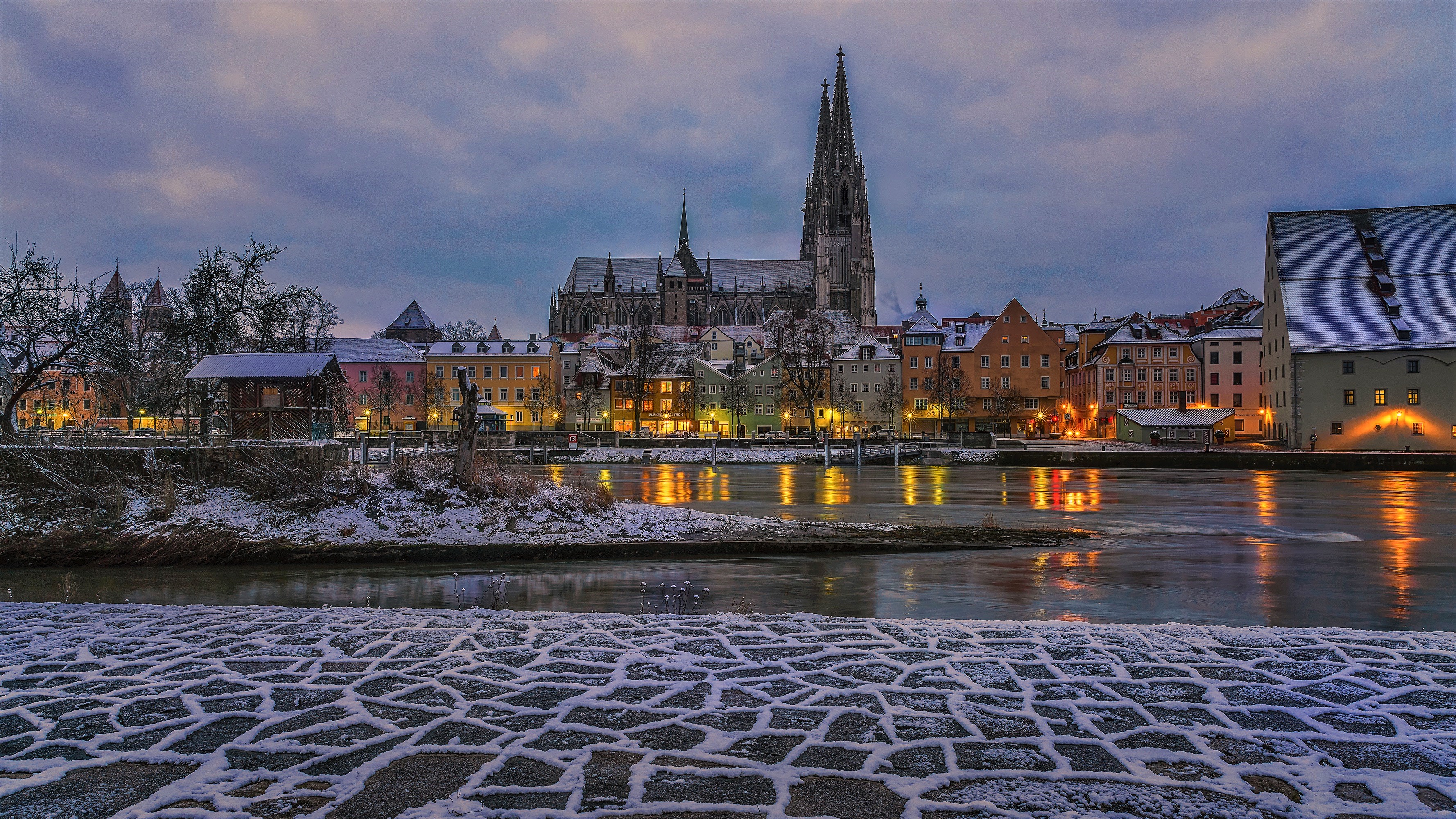 Download mobile wallpaper Winter, Snow, Building, Dusk, Church, Germany, Town, Man Made, Towns for free.