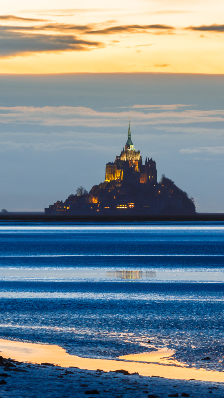 Téléchargez des papiers peints mobile Crépuscule, Horizon, Mont Saint Michel, Monastère, Religieux gratuitement.