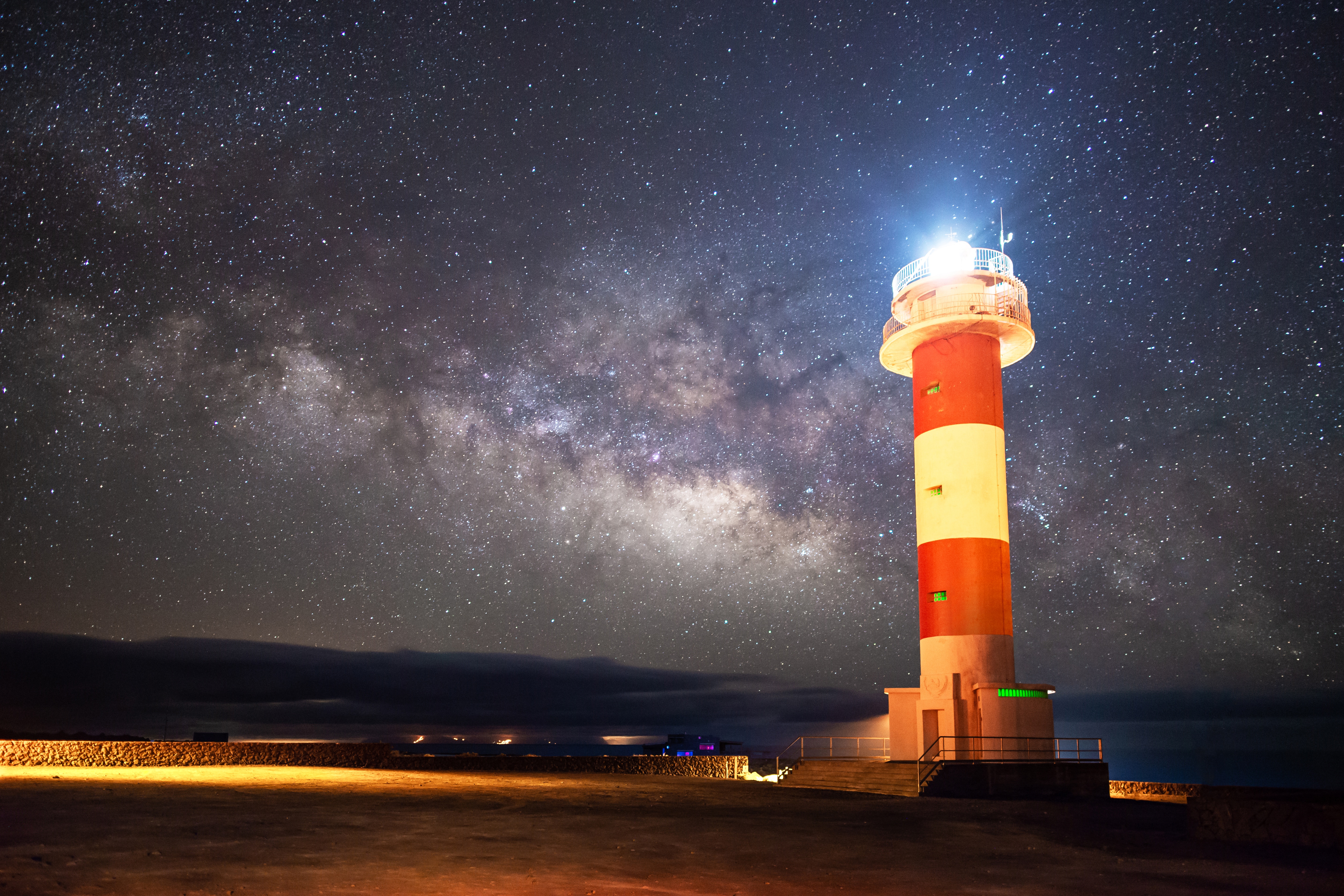 Free download wallpaper Night, Shore, Bank, Nature, Lighthouse, Starry Sky, Milky Way on your PC desktop