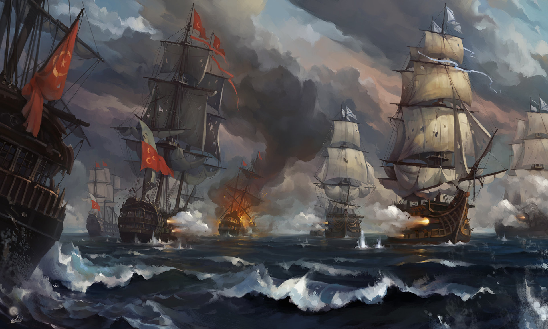 Download mobile wallpaper Water, Fantasy, Sea, Ship, Wave, Battle for free.