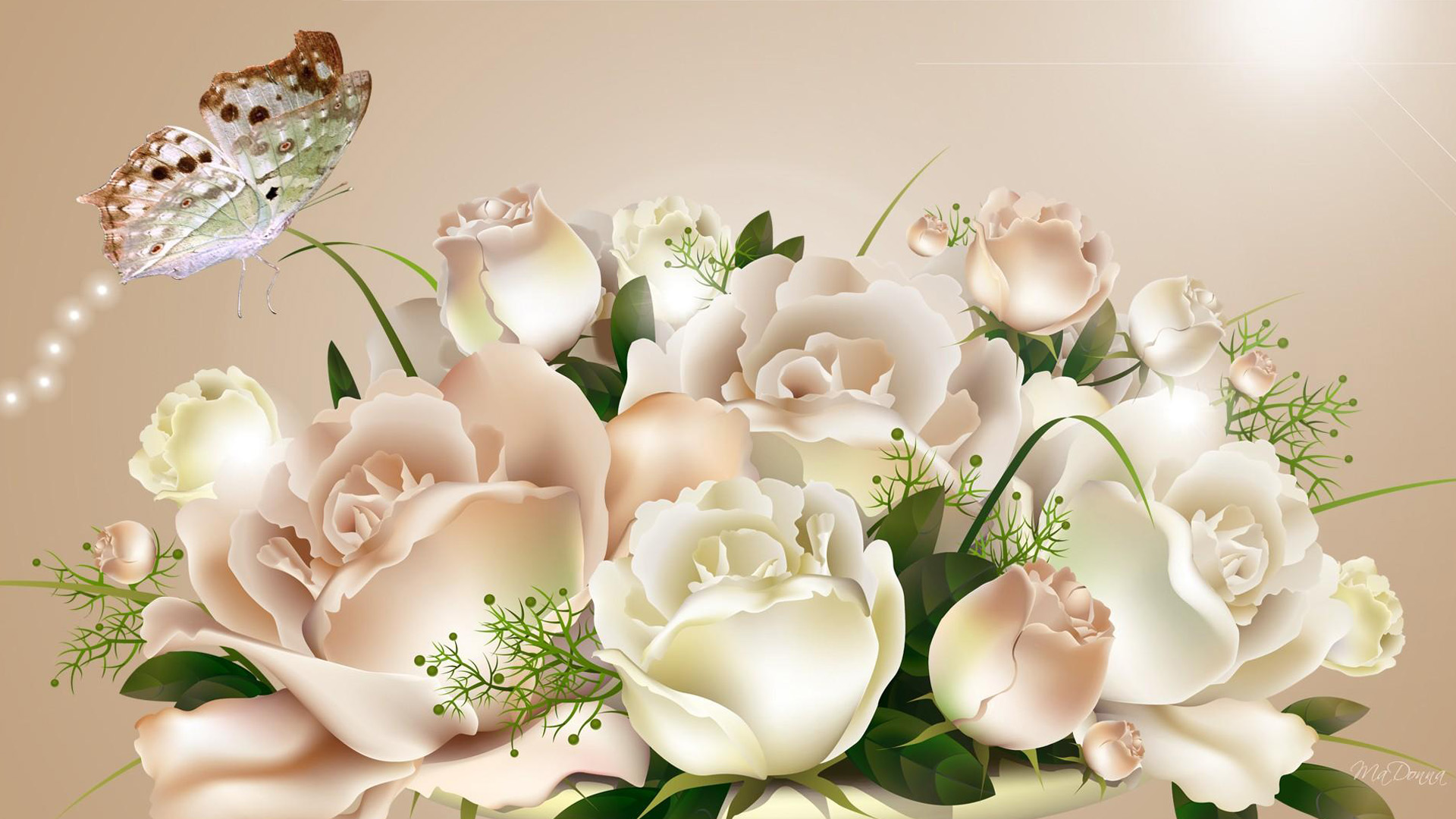 Завантажити шпалери безкоштовно Роза, Метелик, Блискітки, Художній, Біла Квітка картинка на робочий стіл ПК