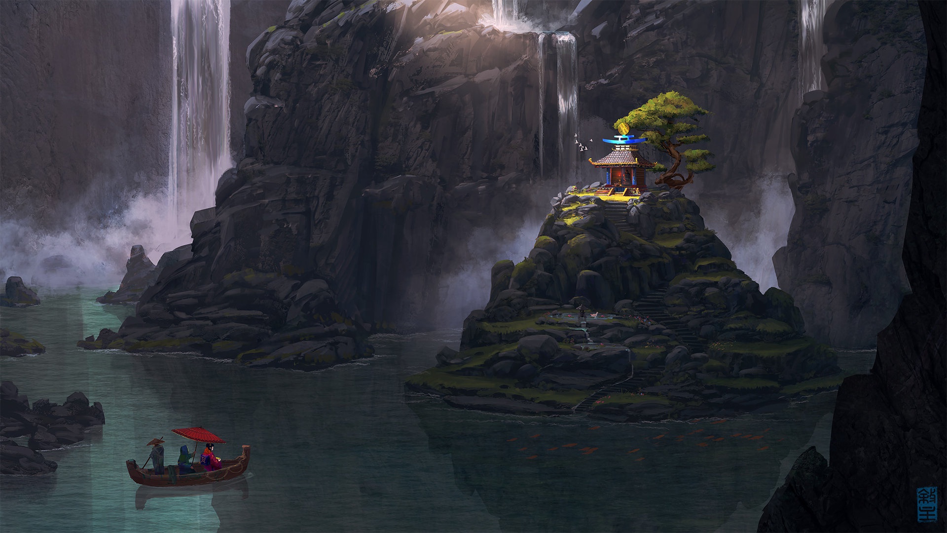 Free download wallpaper Fantasy, Waterfall, Boat, Oriental on your PC desktop