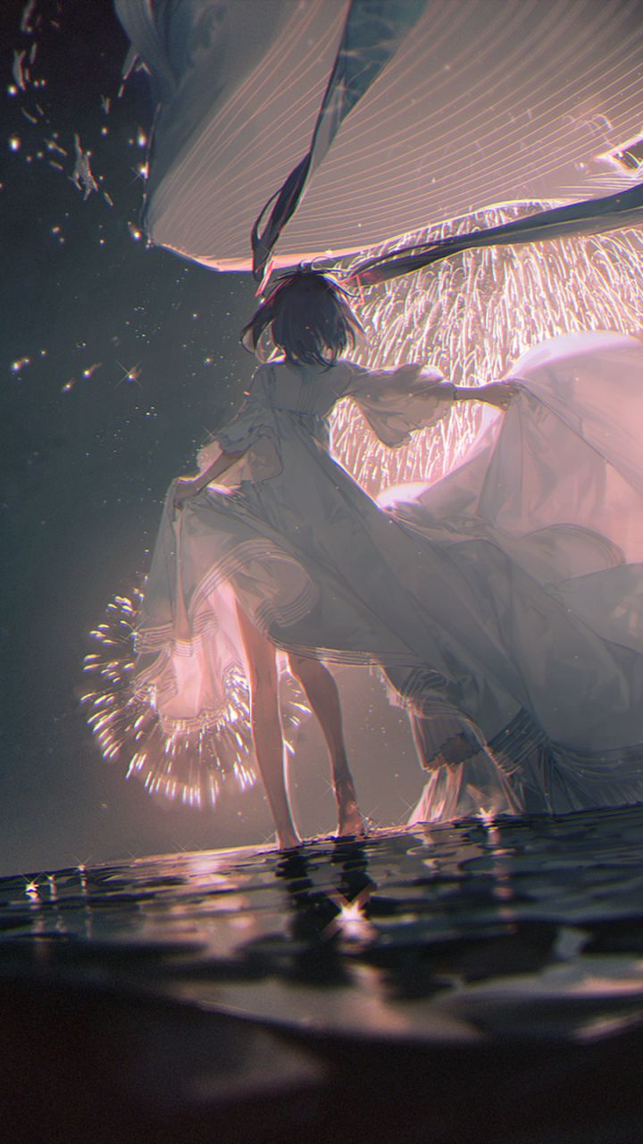 Download mobile wallpaper Anime, Water, Night, Vocaloid, Fireworks, Dress, Long Hair for free.