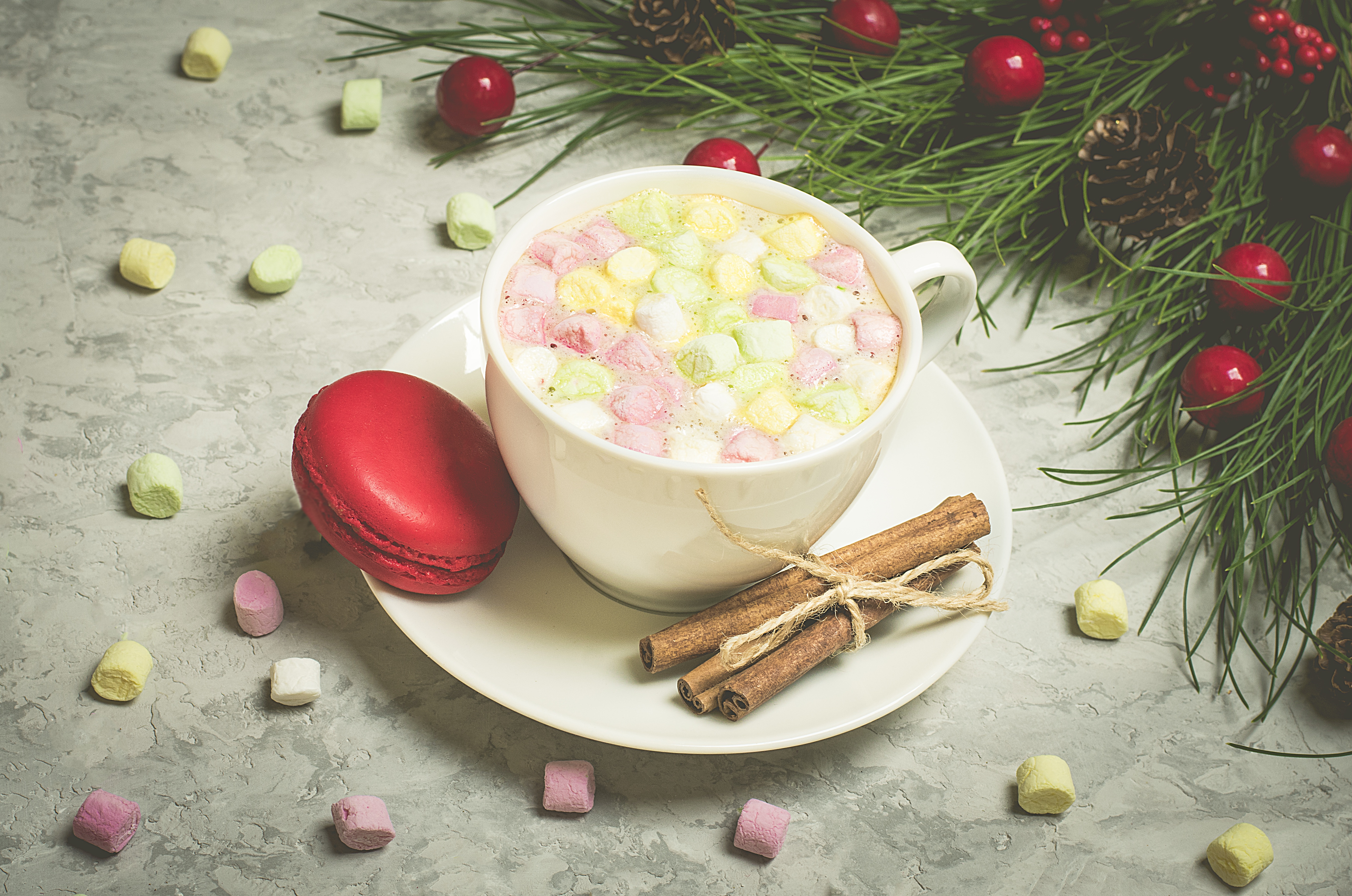 Download mobile wallpaper Food, Still Life, Cinnamon, Cup, Marshmallow, Macaron, Hot Chocolate for free.